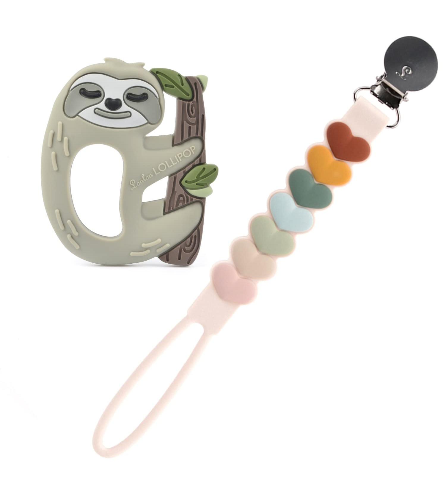 Loulou Lollipop Silicone Teether & Holder Clip Bundle - Sloth/Sweetheart Multi - Buy Online on GoSupps.com