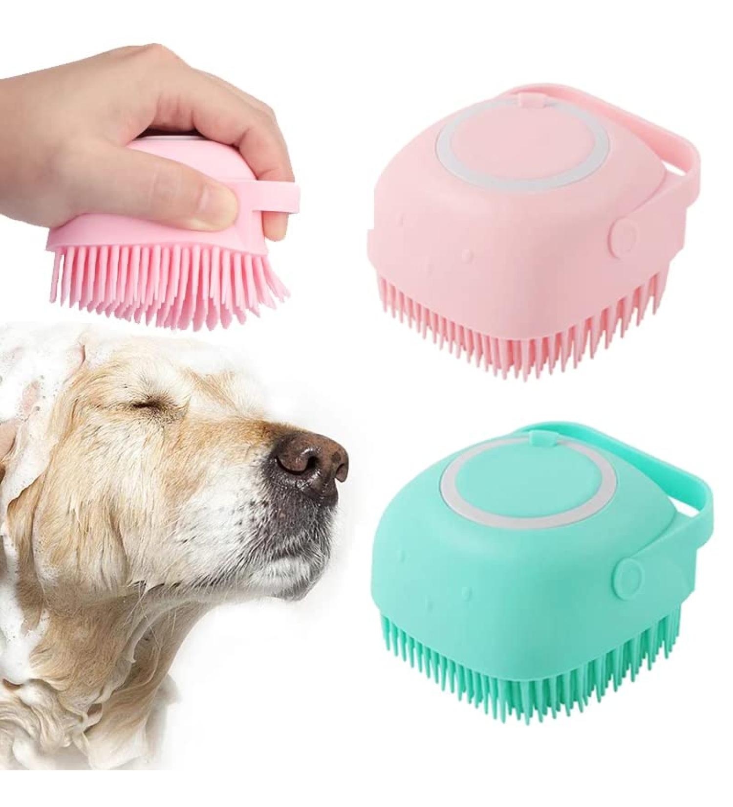 Soft Silicone Dog Bath Brush Scrubber Set for Short & Long Haired Pets - Blue+Pink - Buy Online on GoSupps.com