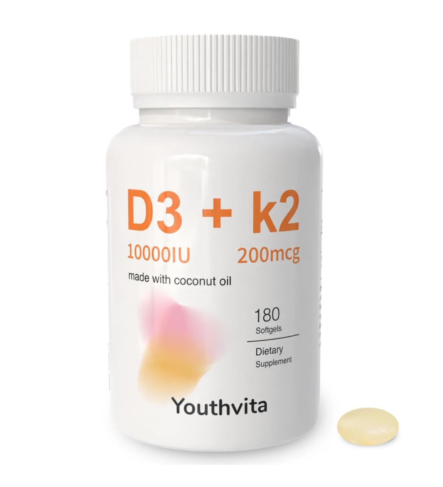 d3 k2 Vitamin 10000 iu 180 Coconut Oil Softgels | 2 in 1 Vitamins Supplement D3 10000 IU & K2 (MK7) 200 mcg Easy to Swallow Supports Calcium Absorption Bone Immune & Heart Health 180softgels - Buy Online on GoSupps.com