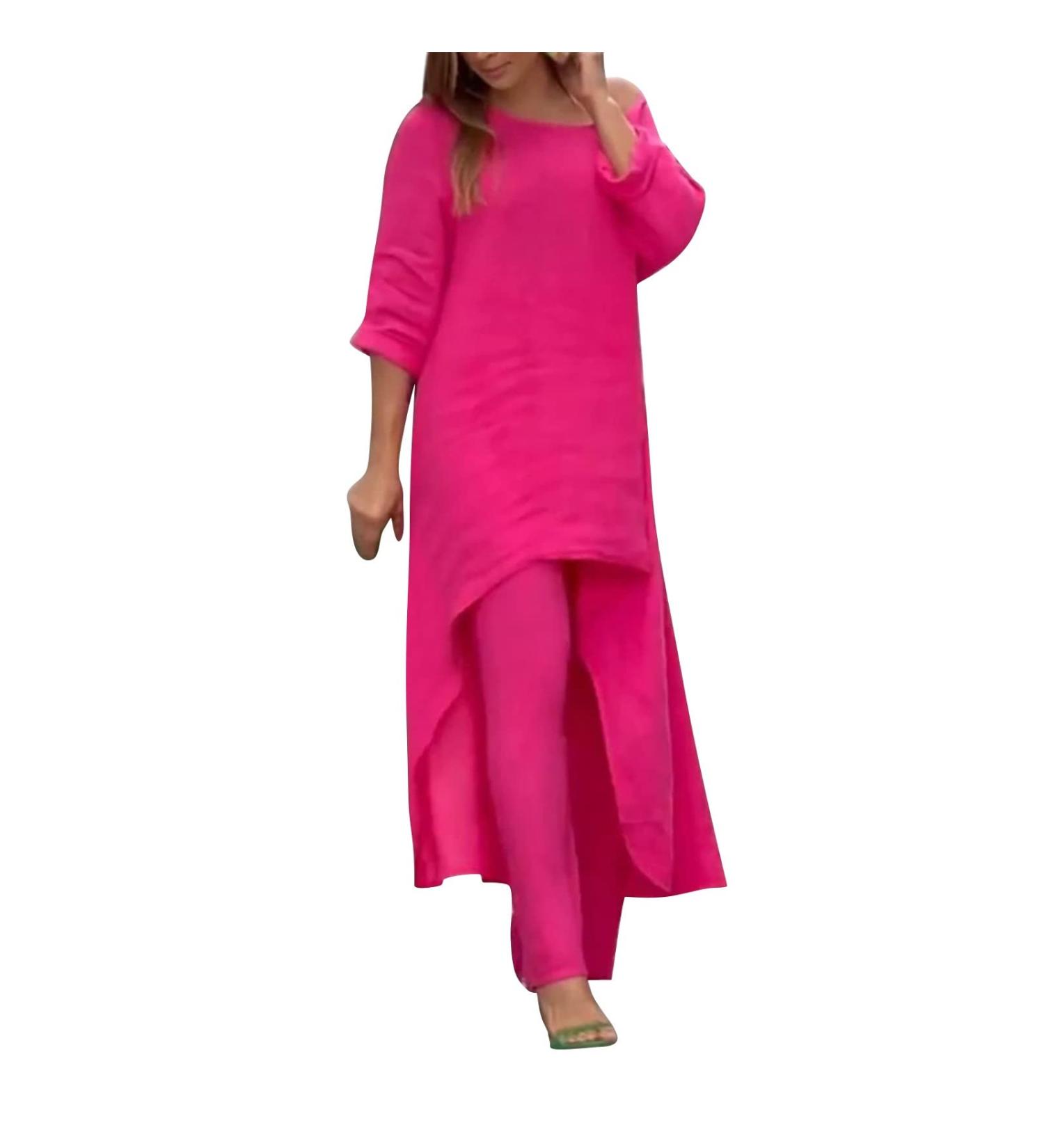 Women's Casual 2 Piece Short Sleeve Outfit Set | Hot Pink, Size Large - Buy Online on GoSupps.com