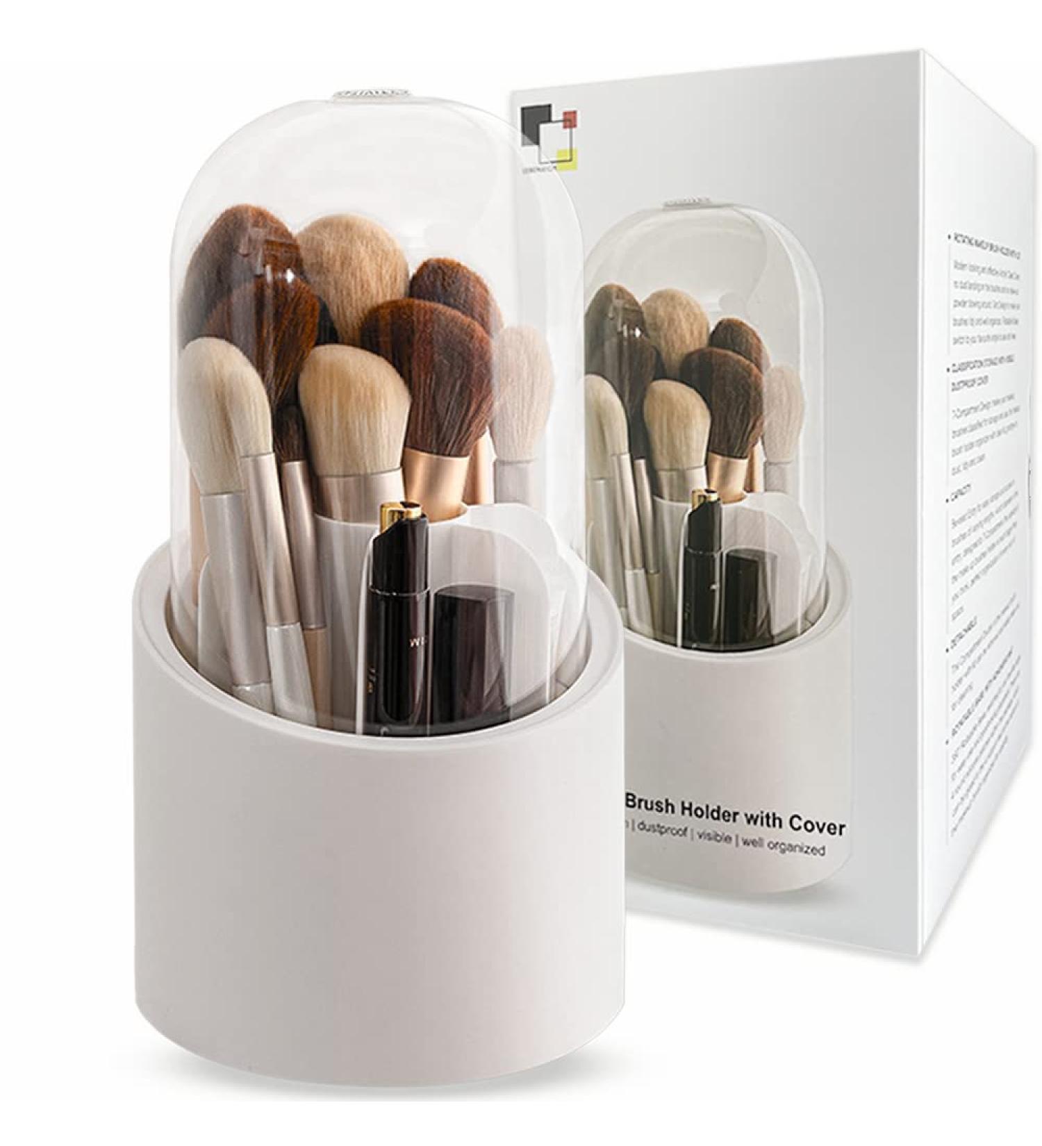Lebenrich Rotating Makeup Brush Holder Organizer with Lid - Dustproof Clear Acrylic Container for Vanity and Bathroom Storage - Buy Online on GoSupps.com
