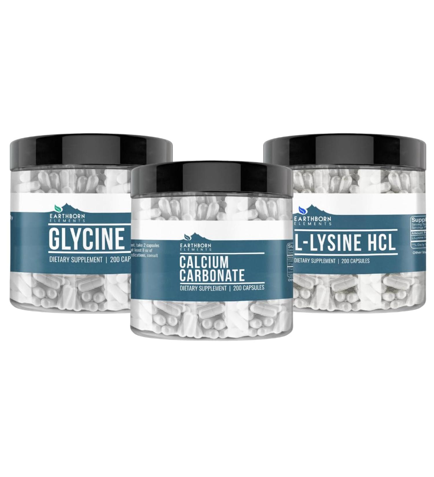 Earthborn Elements Calcium Carbonate Glycine and L-Lysine HCL Bundle 200 Capsules Each Pure & Undiluted - Buy Online on GoSupps.com