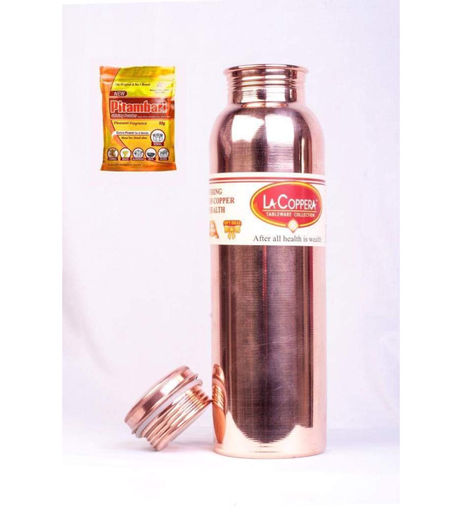 Pure Copper Handmade Drinking Water Bottle Vessel Flask Ayurvedic Health Benefits 900 ml | Includes Pitambari Cleaning Powder 30g - Buy Online on GoSupps.com