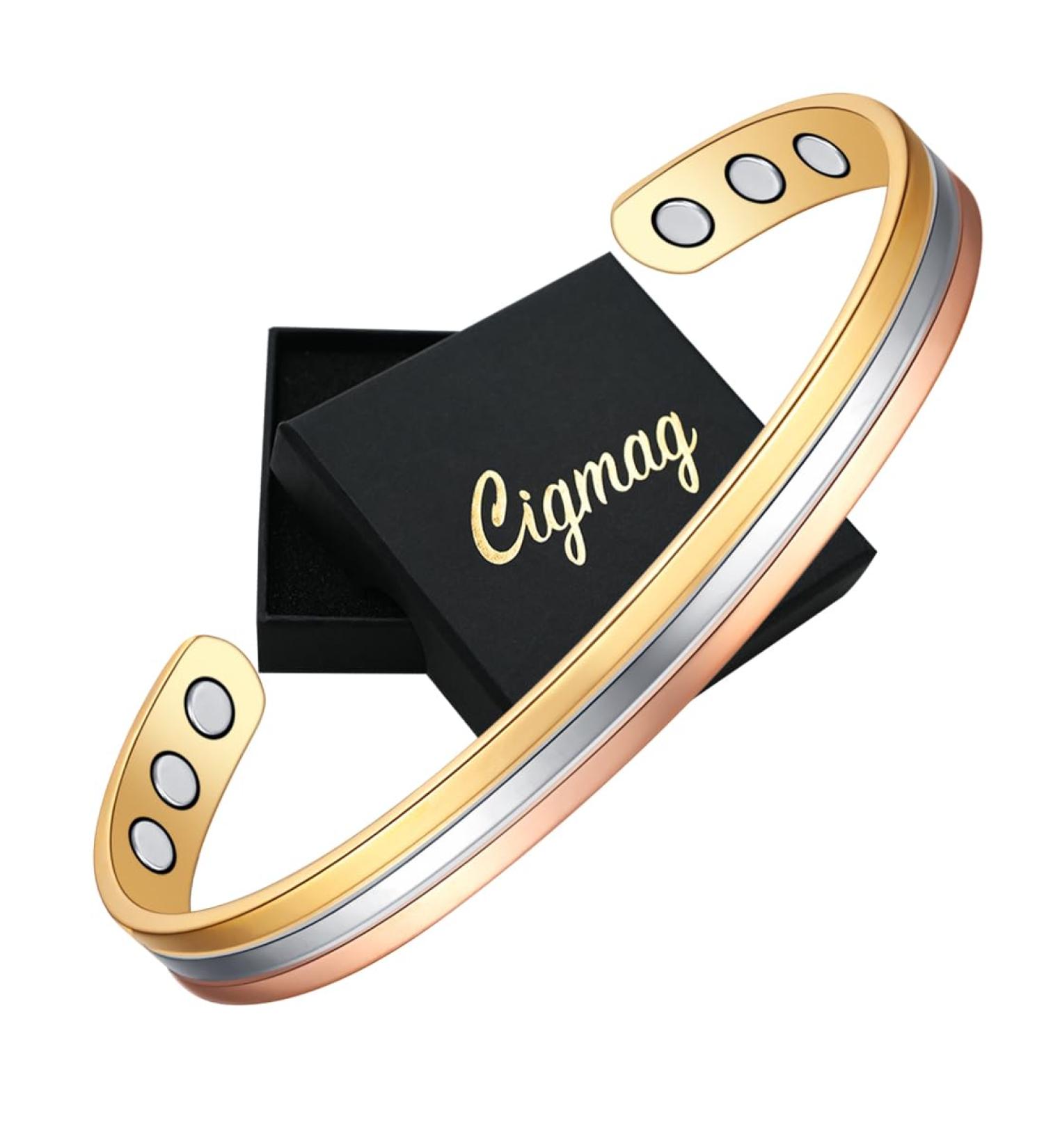 Cigmag Lymphatic Drainage Copper Bracelet for Women - 99% Pure Copper Magnetic Bangle with Ultra Strength Magnet - Adjustable Brazaletes Cuff in Lines Tricolour Pattern - Gift Box Included - Buy Online on GoSupps.com