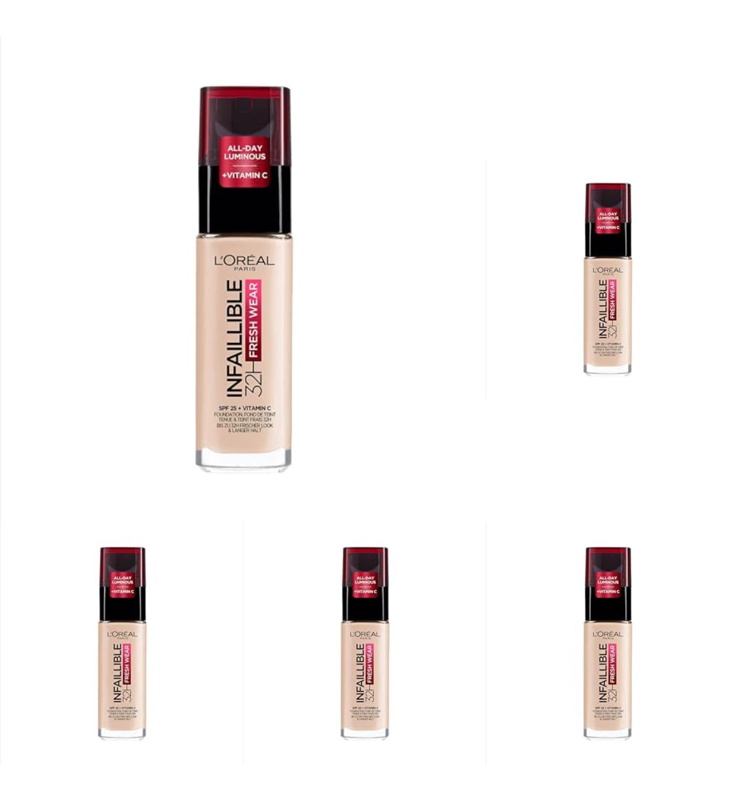 L'Or al Paris Liquid Foundation Full Coverage Lasting Wear With Vitamin C and SPF 25 Infallible 32H Fresh Wear 15 Porcelain (Pack of 5) 15 30 ml (Pack of 5) - Buy Online on GoSupps.com