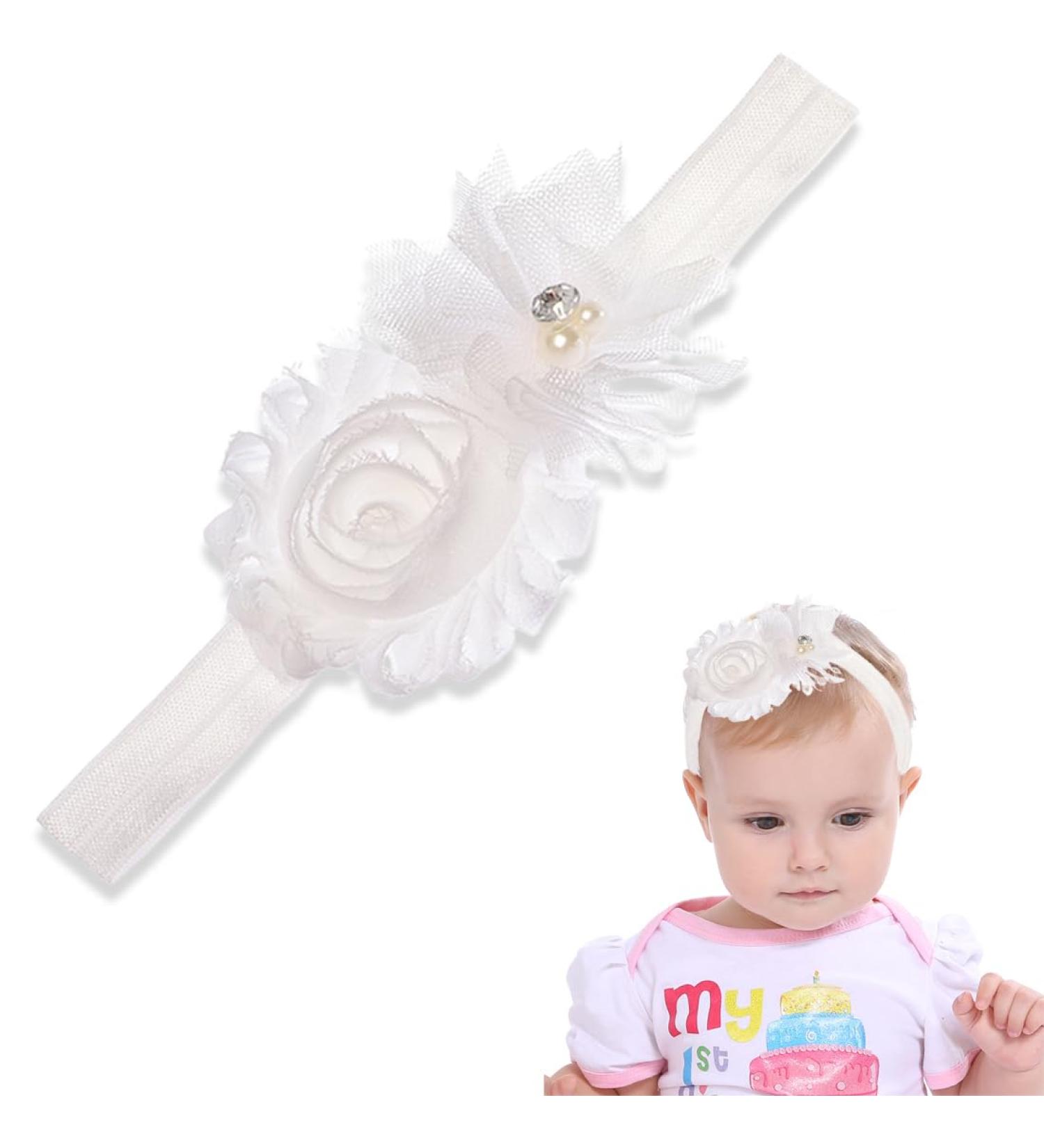 Eodkse White Elastic Flower Headband for Baby Girls | Lace Pearls & Flowers | Perfect Newborn & Toddler Hair Accessory for Photo Shoots - Buy Online on GoSupps.com