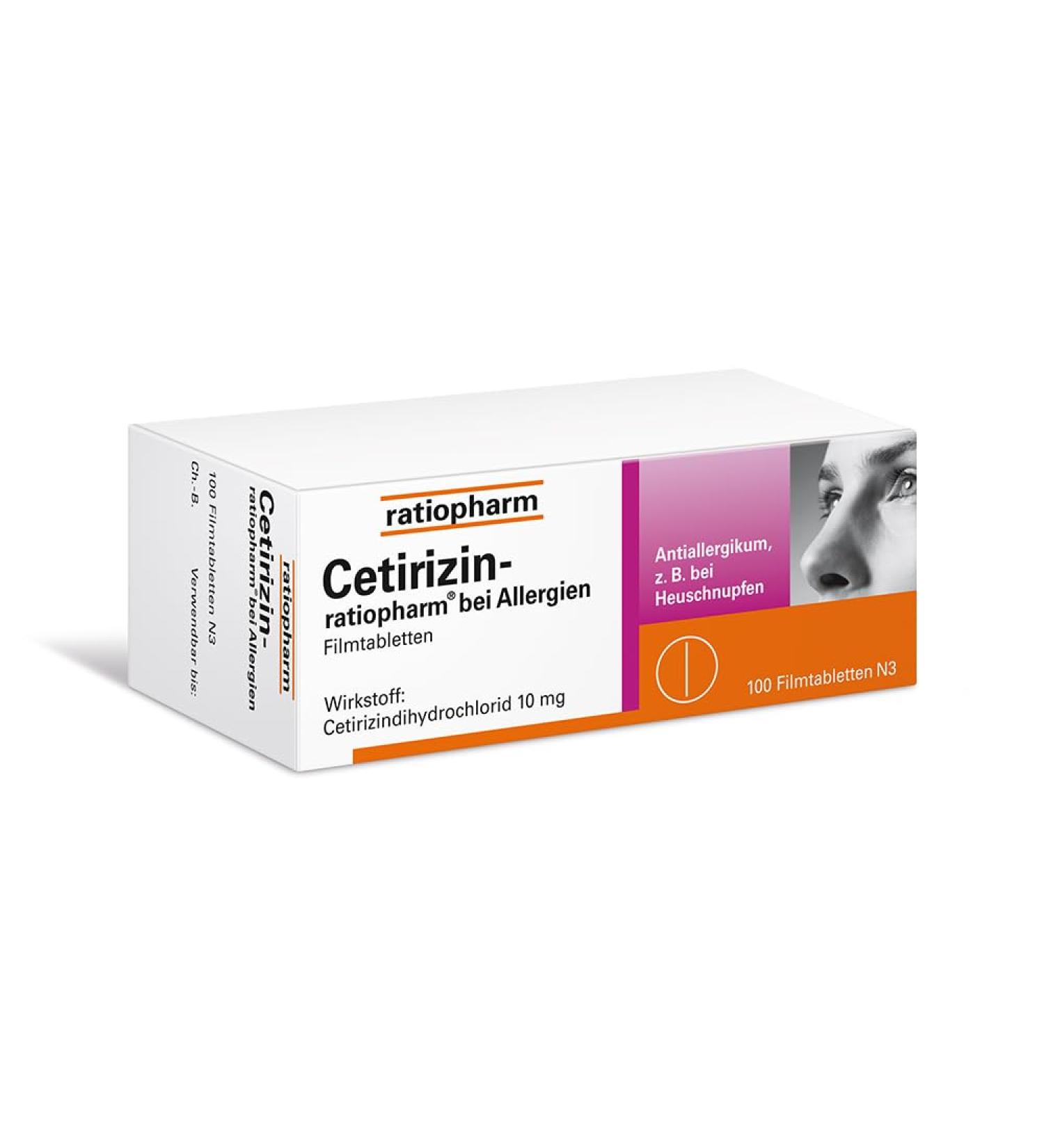 Cetirizin Ratiopharm for Allergies - Hay Fever Relief Runny Nose & Hives - 100 Tablets (1 Pack) - Buy Online on GoSupps.com