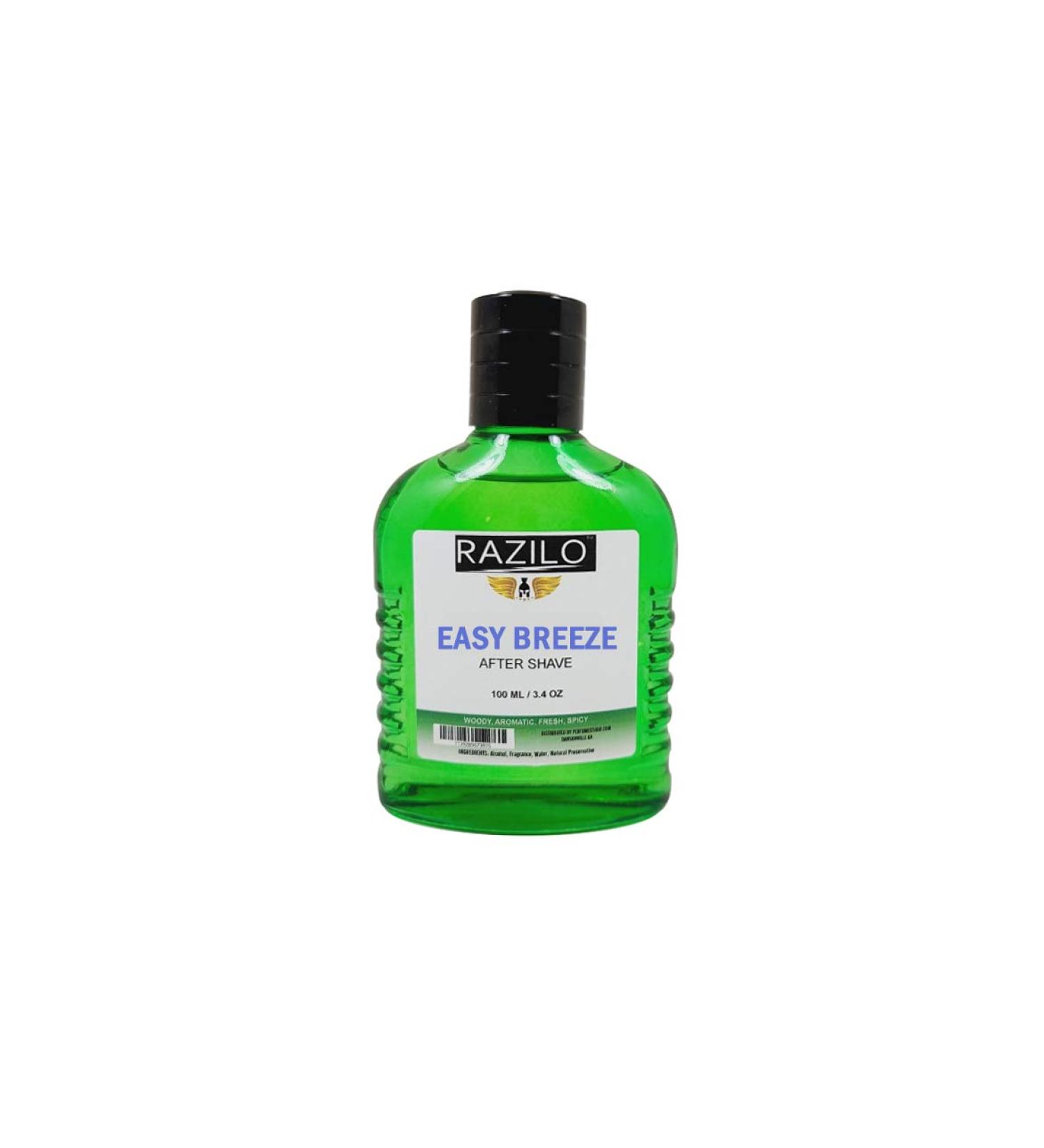 Spring and Summer Fresh Scent Aftershave for Men Splash On 3.4oz / 100ml Green Glass Travel Size Bottle Easy Breeze Razilo Easy Breeze