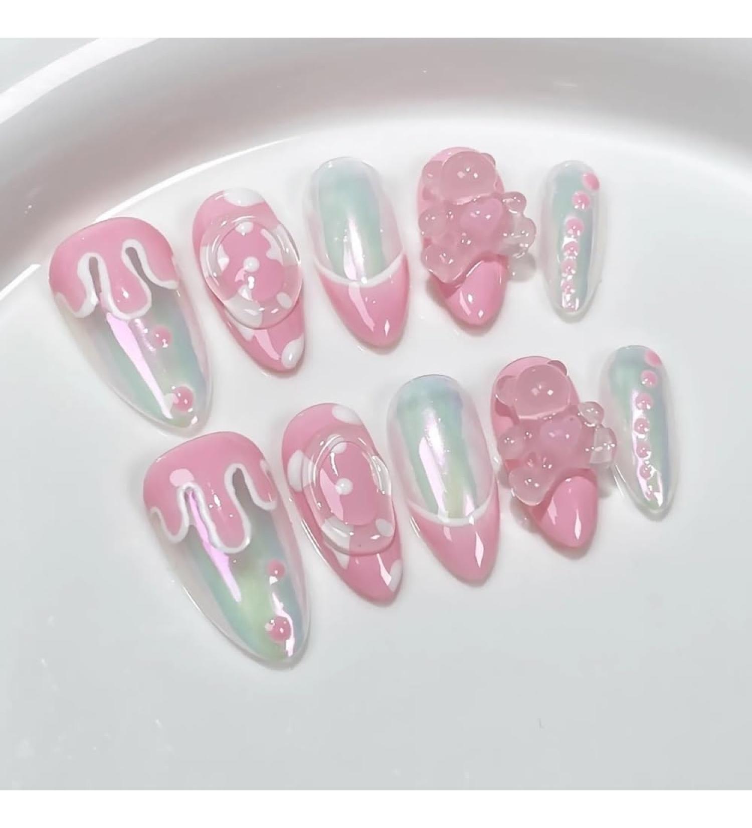 10Pc Blush Powder Almond False Nails Relief Hand drawn Bow Star Design Press on Nails Handmade Full Cover False Nail Tips(Color:4 Size:Xs)