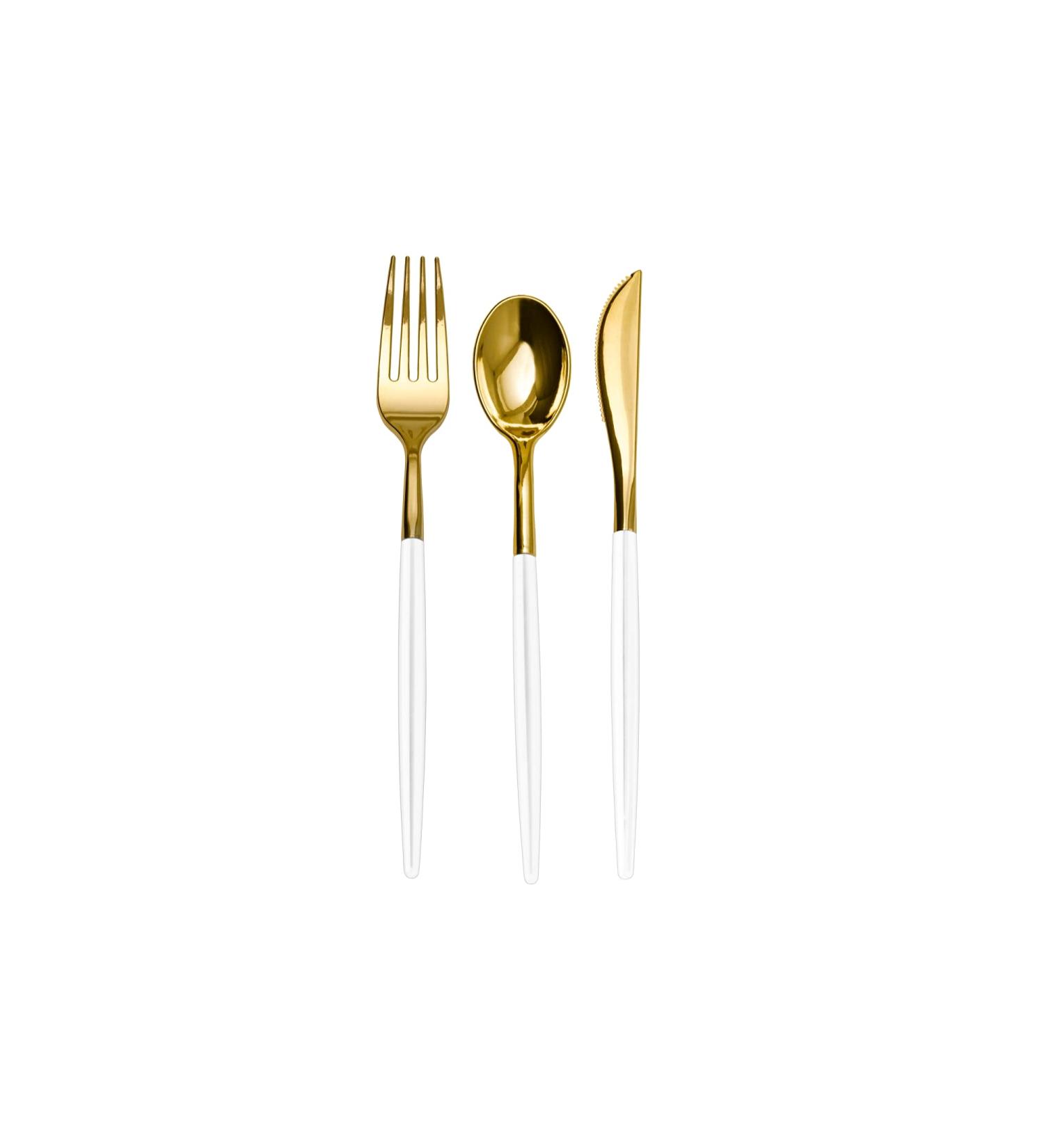 Trendables 120 Pack Disposable Silverware Set - White & Gold Plastic Cutlery Dinnerware - Includes 40 Forks, Spoons, Knives - Plastic Utensils Party Set - Buy Online on GoSupps.com