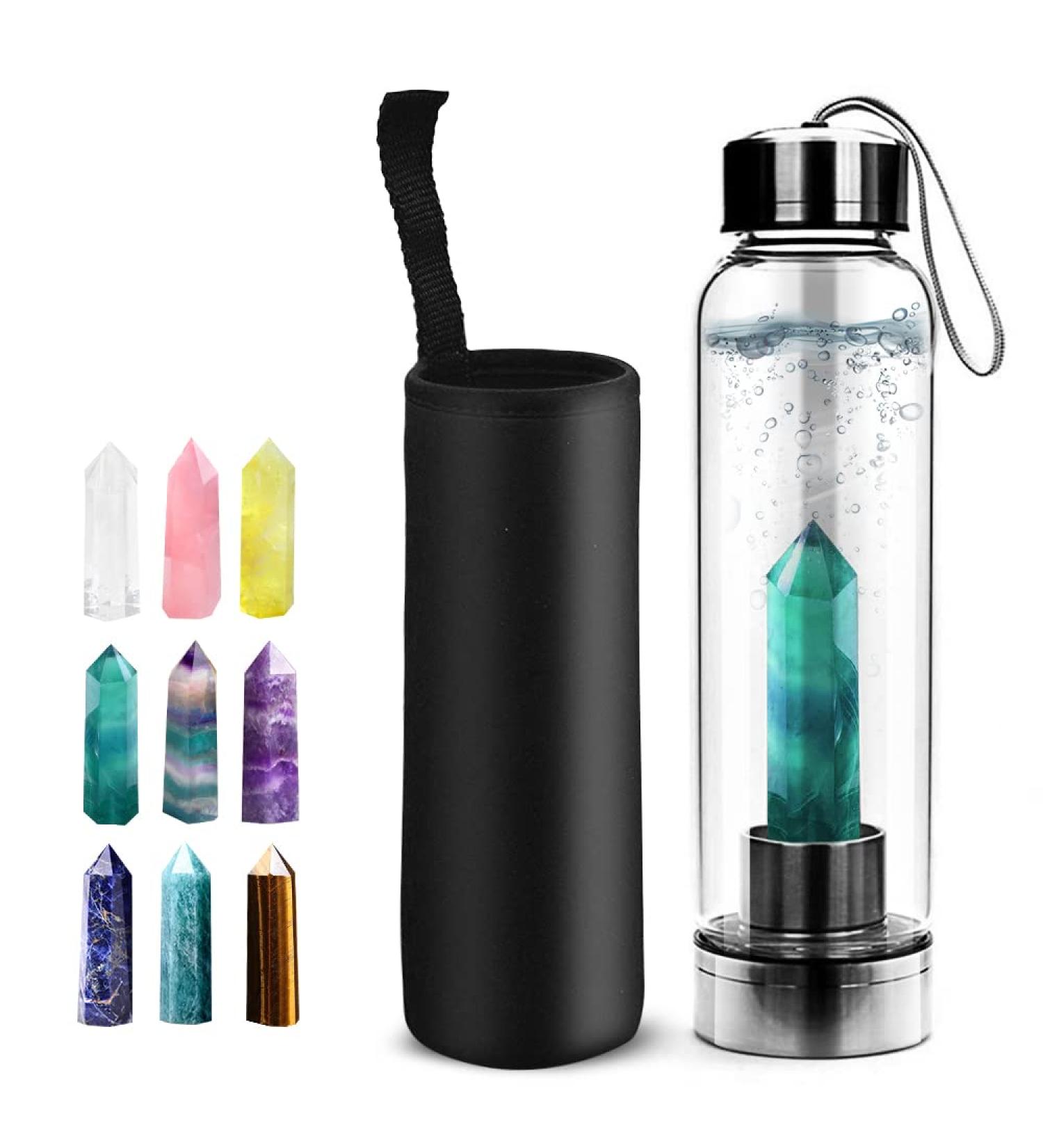HINATAA Crystal Water Bottle 550ml | Detachable Healing Natural Quartz | Emerald Green - Eco-Friendly & Elegant Design for Wellness - Buy Online on GoSupps.com