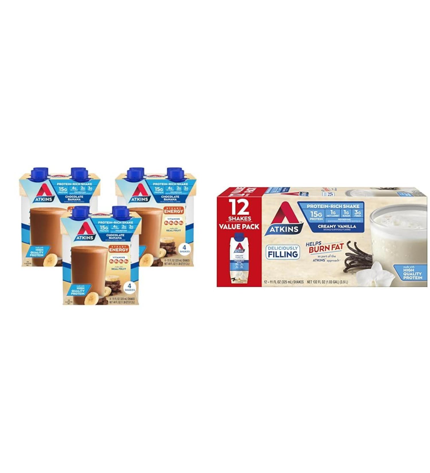 Atkins Chocolate Banana Protein Shake 15g Protein Low Glycemic 4g Net Carb 2g Sugar & Creamy Vanilla Protein Shake 15g Protein Low Glycemic 2g Net Carb 1g Sugar Keto Friendly 12 Count - Buy Online on GoSupps.com