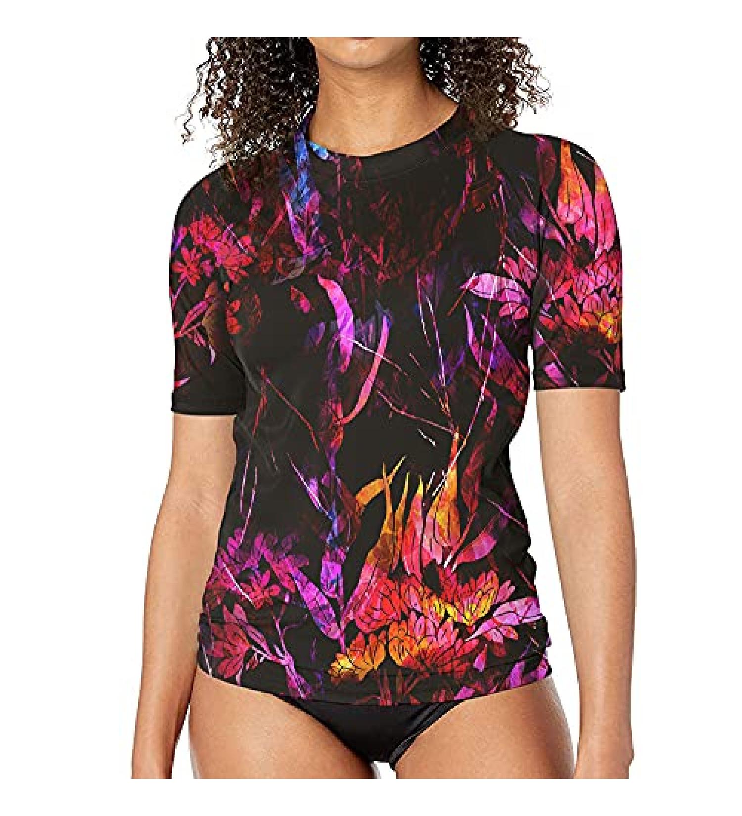 CHOO Women's Flame Flower Print Short Sleeve Rash Guard - XX-Large | Quick-Dry Sports Shirt - Buy Online on GoSupps.com