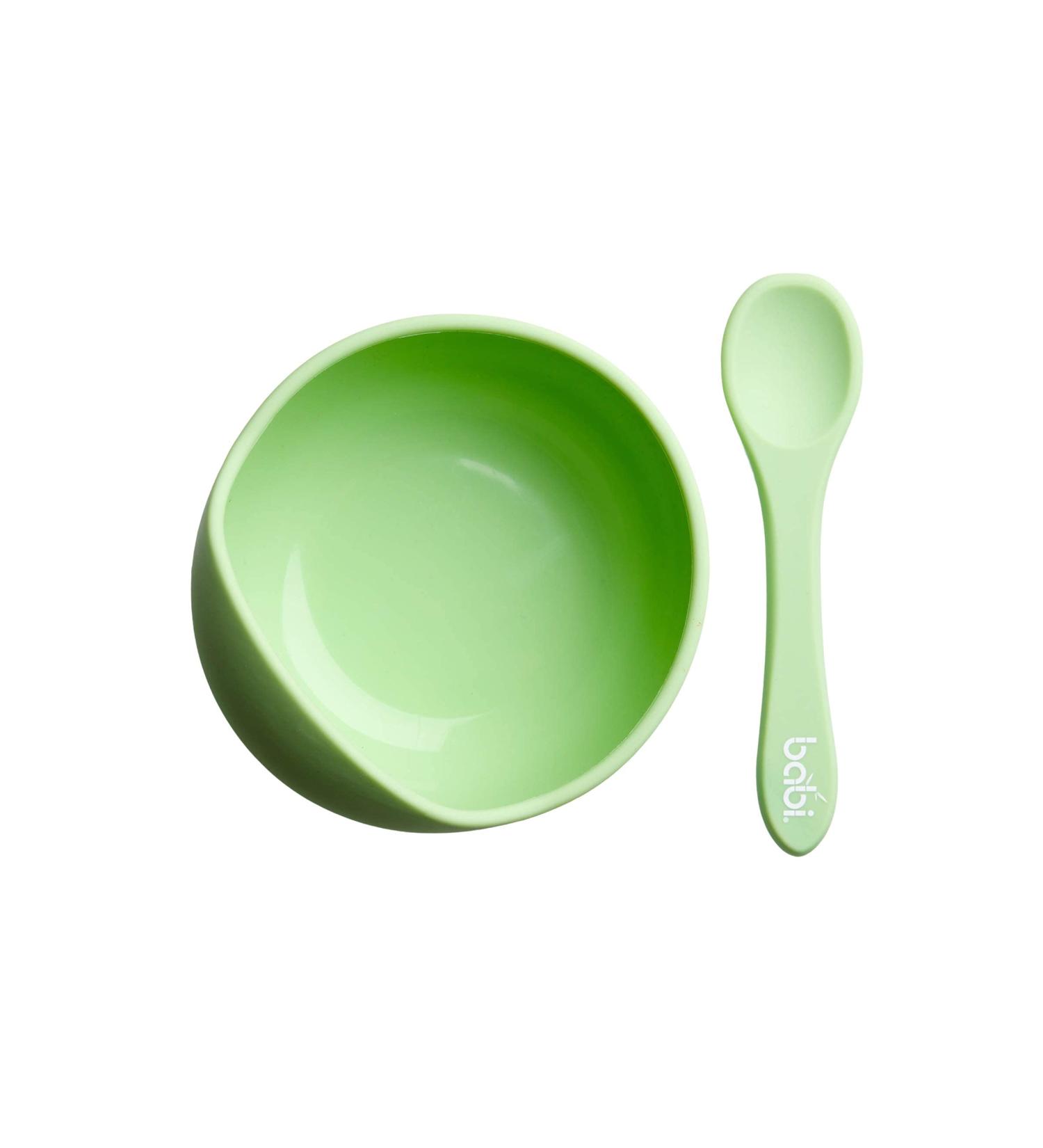 Babi Baby Toddler Suction Bowl & Spoon Set | 100% Food Grade Silicone | Stay Put Suction | Green - Buy Online on GoSupps.com