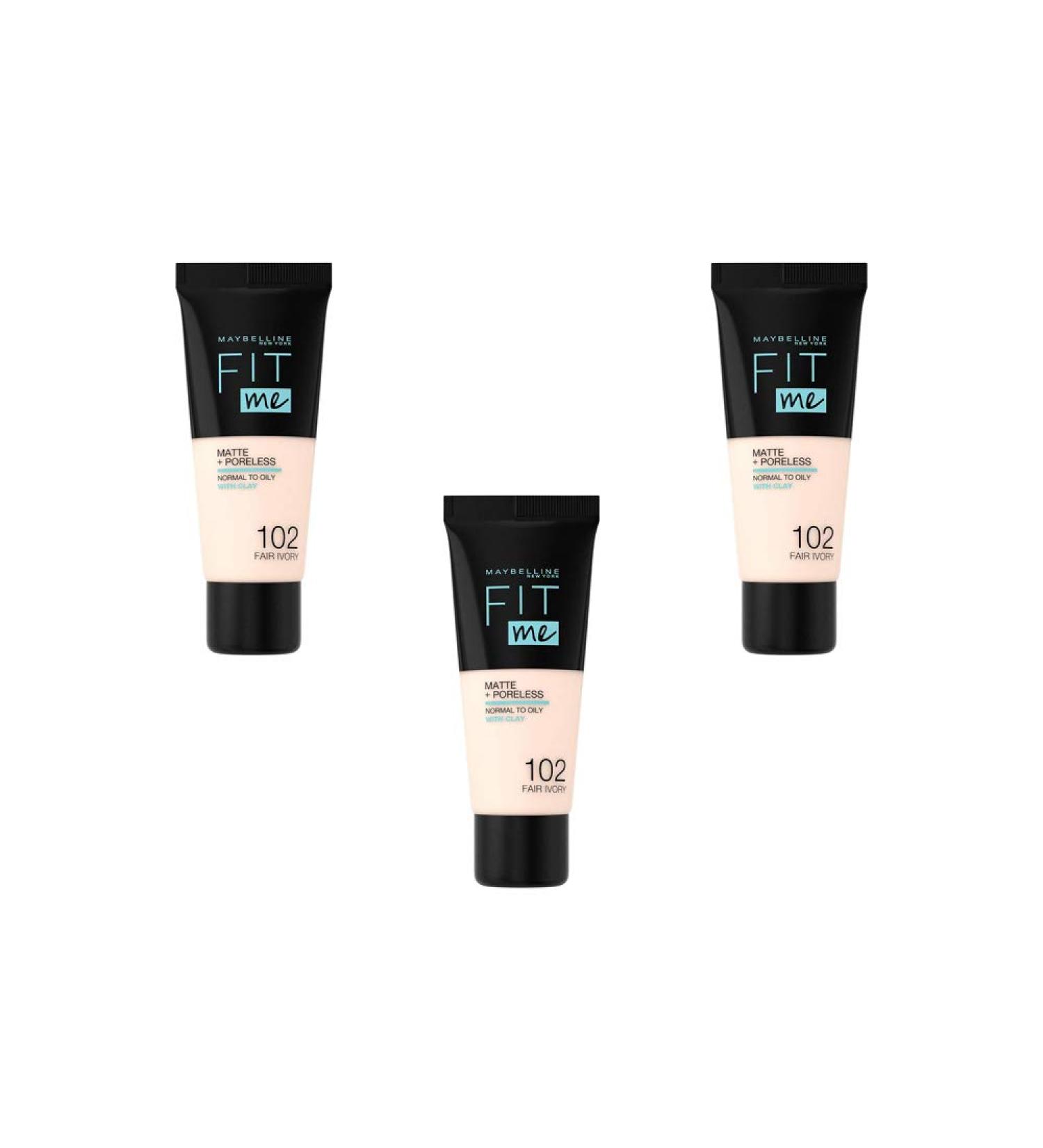 Maybelline New York Fit Me Matte & Poreless Fluid Foundation - 102 Light Ivory Pack of 3 (3 x 30 ml) - Buy Online on GoSupps.com