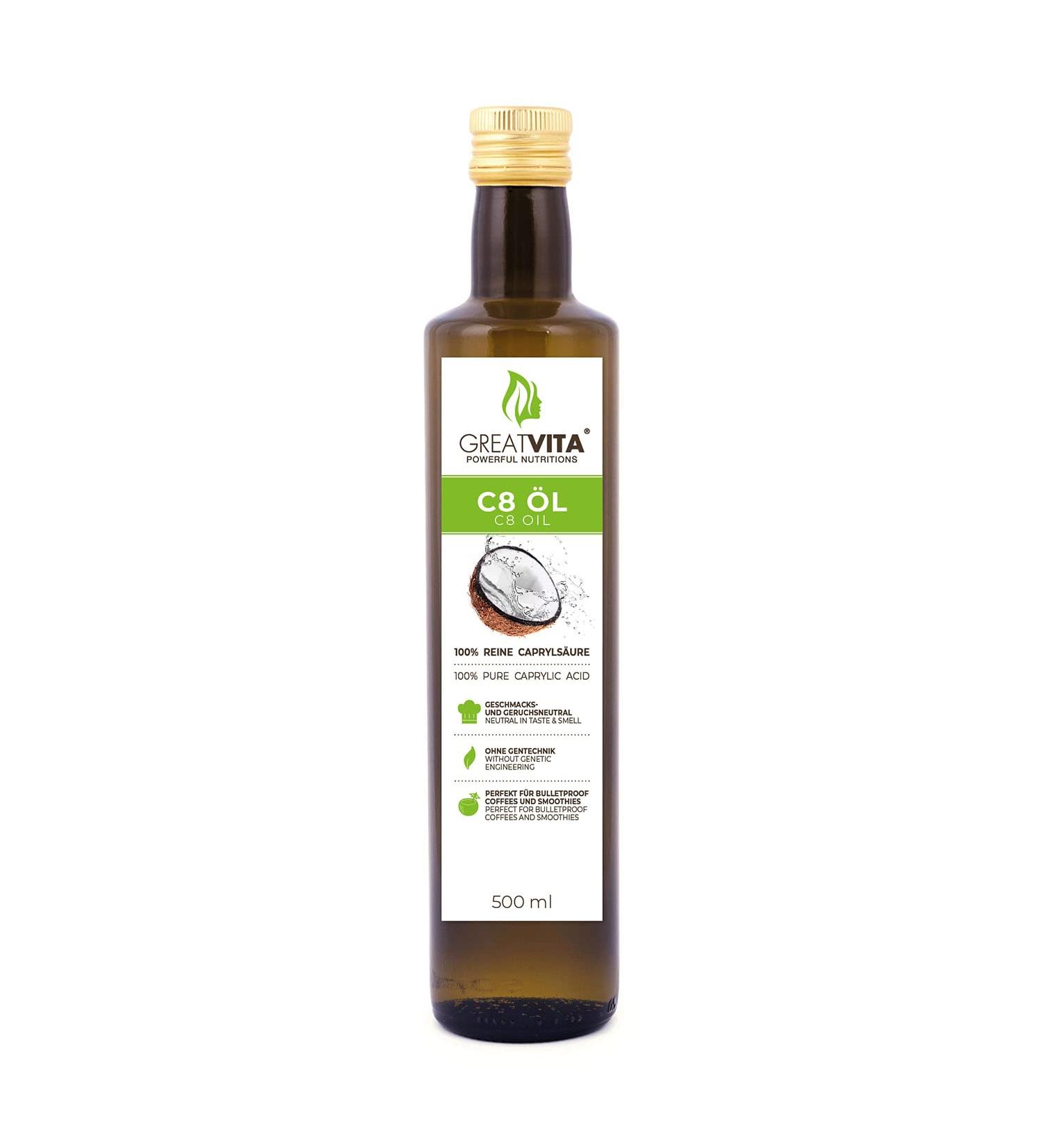 GreatVita C8 Oil 500ml - Premium Coconut MCT Oil | Tasteless Caprylic Acid Fatty Acids for Energy & Wellness | Buy Internationally - Buy Online on GoSupps.com