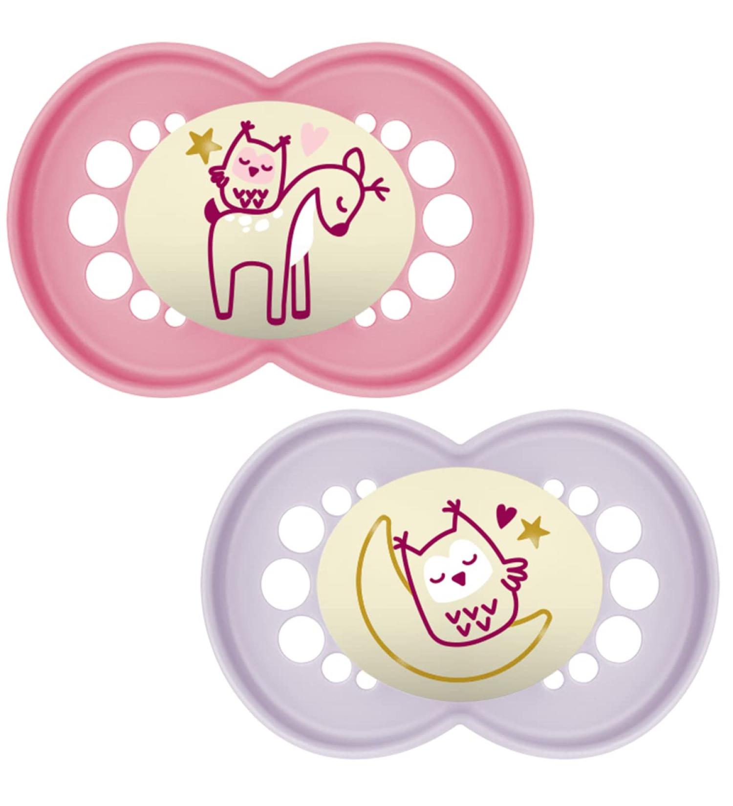MAM Original Pure Night Soother 16+ Months (Set of 2) SkinSoft Silicone Teat, Glow in the Dark, Sustainable and Bio-Renewable, Pink/Purple (Designs Vary) - Buy Online on GoSupps.com