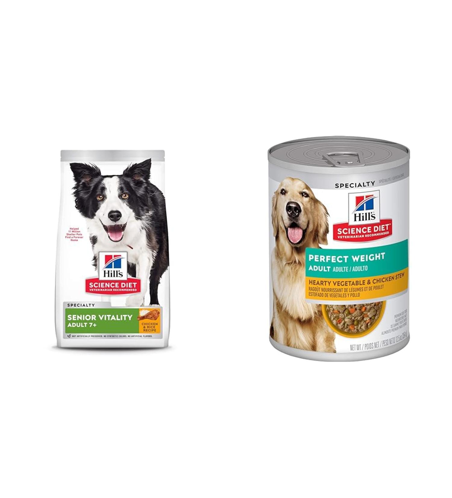Hill's Science Diet Adult 7+ Senior Vitality Dry Dog Food Chicken & Rice Recipe 21.5 lb Bag & Adult Perfect Weight Vegetable & Chicken Stew Canned Dog Food for healthy weight 12.5 oz 12 Pack 9.75 kg (Pack of 1) Adult 7++ Dog Food 12.5 oz - Buy Online on GoSupps.com