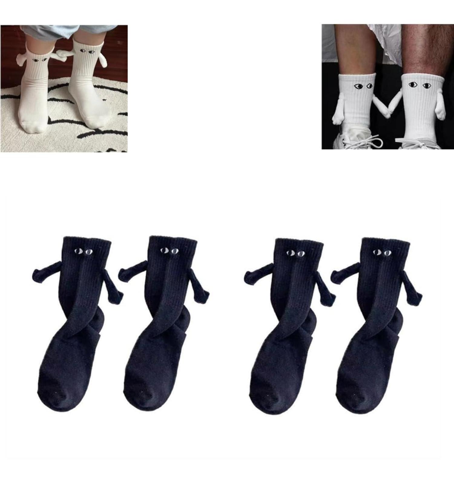 Creative Funny Magnetic Suction Couple Socks - Novelty 3D Doll Holding Hands Design (2 Pairs Black) - Buy Online on GoSupps.com