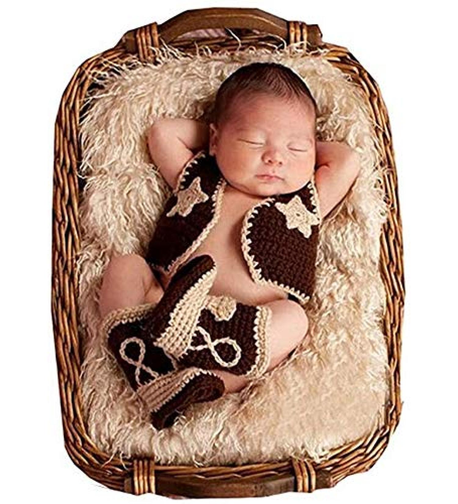Pinbo Newborn Baby Photography Prop Crochet Knitted Cowboy Vest Shoes in Coffee - Adorable Infant Photo Shoot Outfit - Buy Online on GoSupps.com
