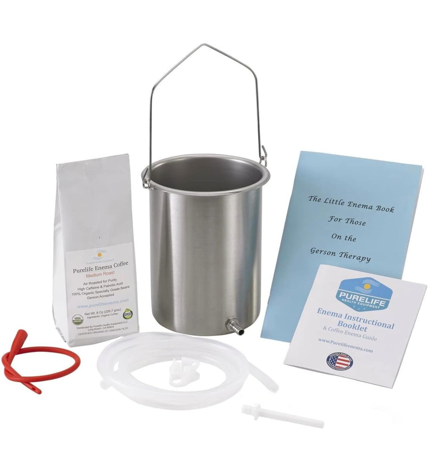 PureLife Coffee Enema Kit 304 Food Grade Stainless Steel Enema Bucket Medical Grade Silicone Tubing 1/2 Lb Organic Air Roasted Coffee - Buy Online on GoSupps.com