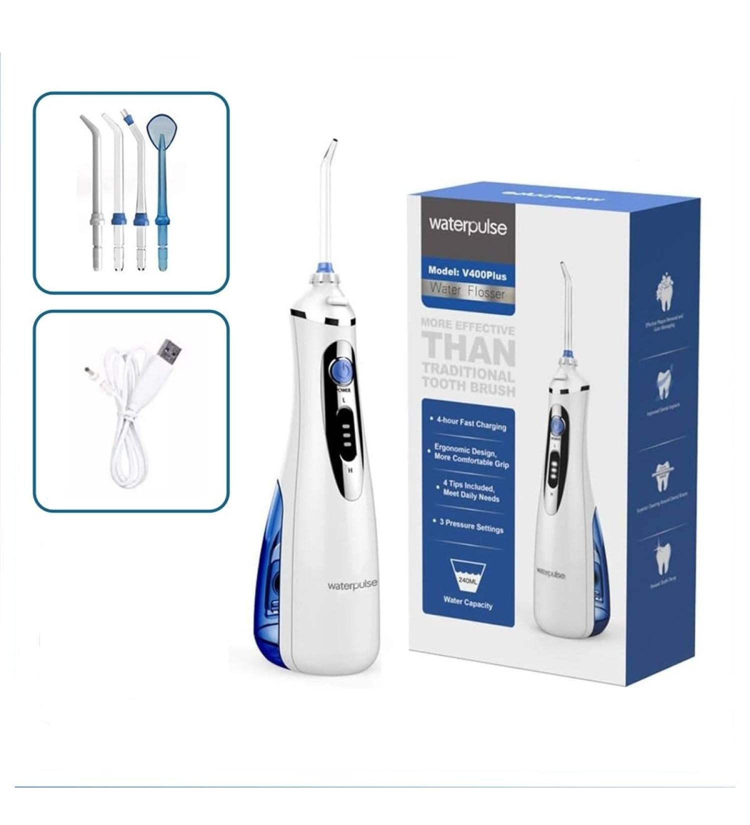 Water Silk Teeth Cleaner - Cordless Oral Shower Electrical Dental Floss with 4 Jet Tips 240ml Tank USB Rechargeable for Travel & Home - White V400 Plus - Buy Online on GoSupps.com