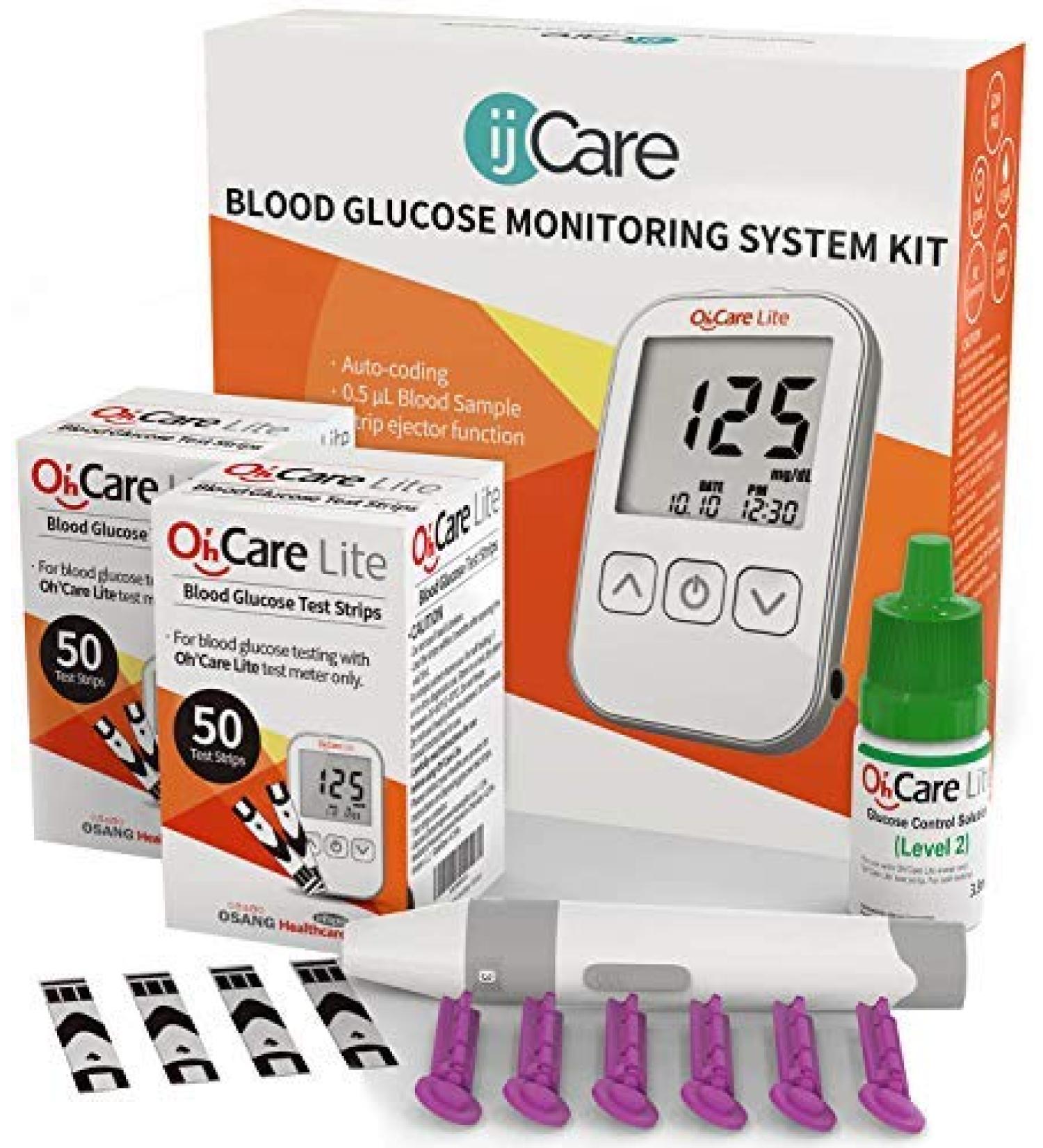 Oh Care Lite Blood Sugar Test Kit Blood Glucose Meter with Strips and Lancets Lancing Device Log and Case - One Touch Eject Glucometer (110 Strips 125 Lancets & Control Solution)