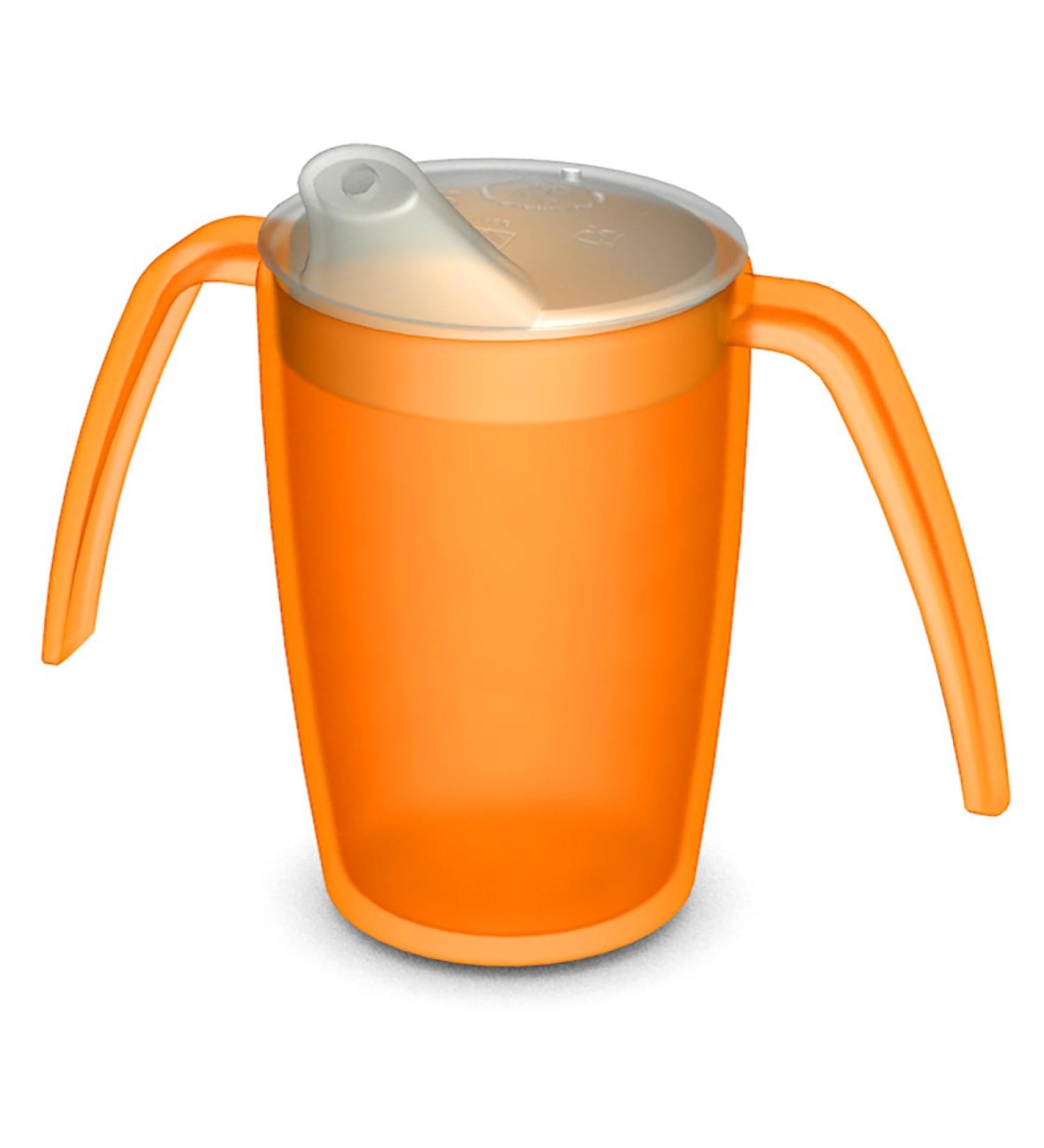 Ornamin 2 Handled Mug 220ml Orange with Spouted Lid - Small Opening | Ergonomic Plastic Mug for Shaky Hands | Drinking Aid Cup for Care - Feeding Cup - Buy Online on GoSupps.com