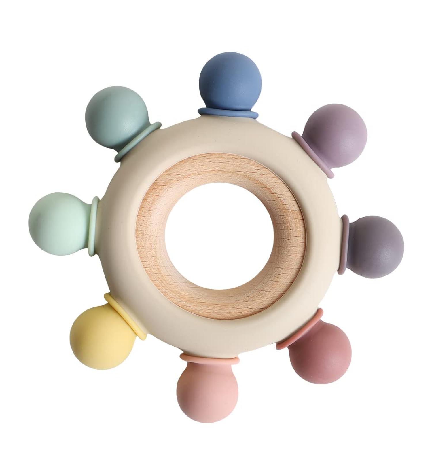 BPA Free Baby Teething Toy - Silicone Rudder with Wooden Ring - Soothes Teething Pain - Shower Gift for Boys and Girls - 8 Directions in Gray - Buy Online on GoSupps.com