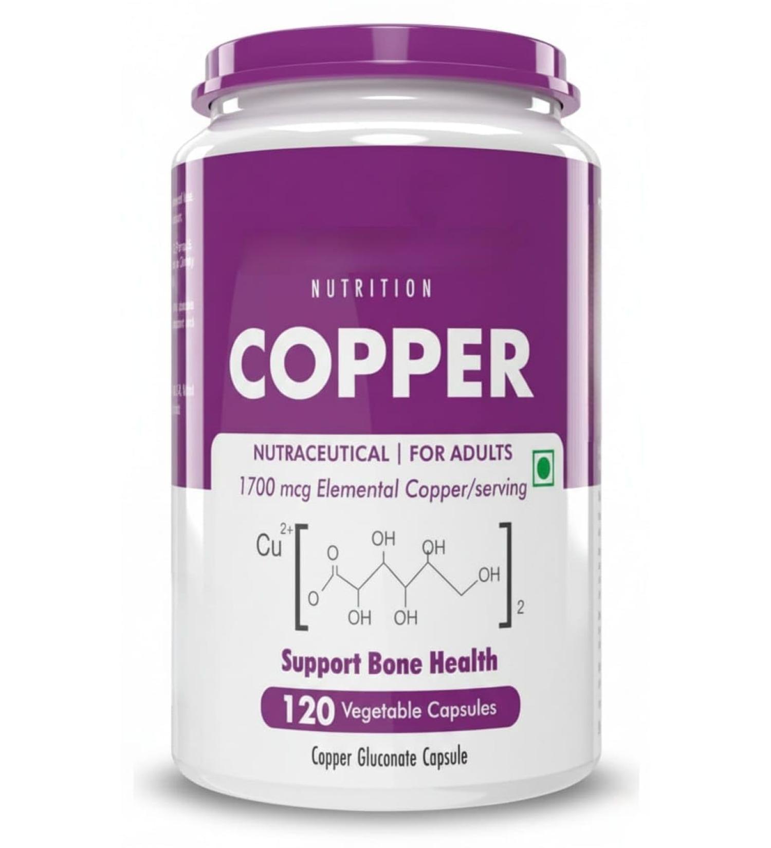 Nutrition Chelated Copper Gluconate - Highly Bioavailable Form - Non-GMO Gluten Free -120 Veg. Capsules - Buy Online on GoSupps.com