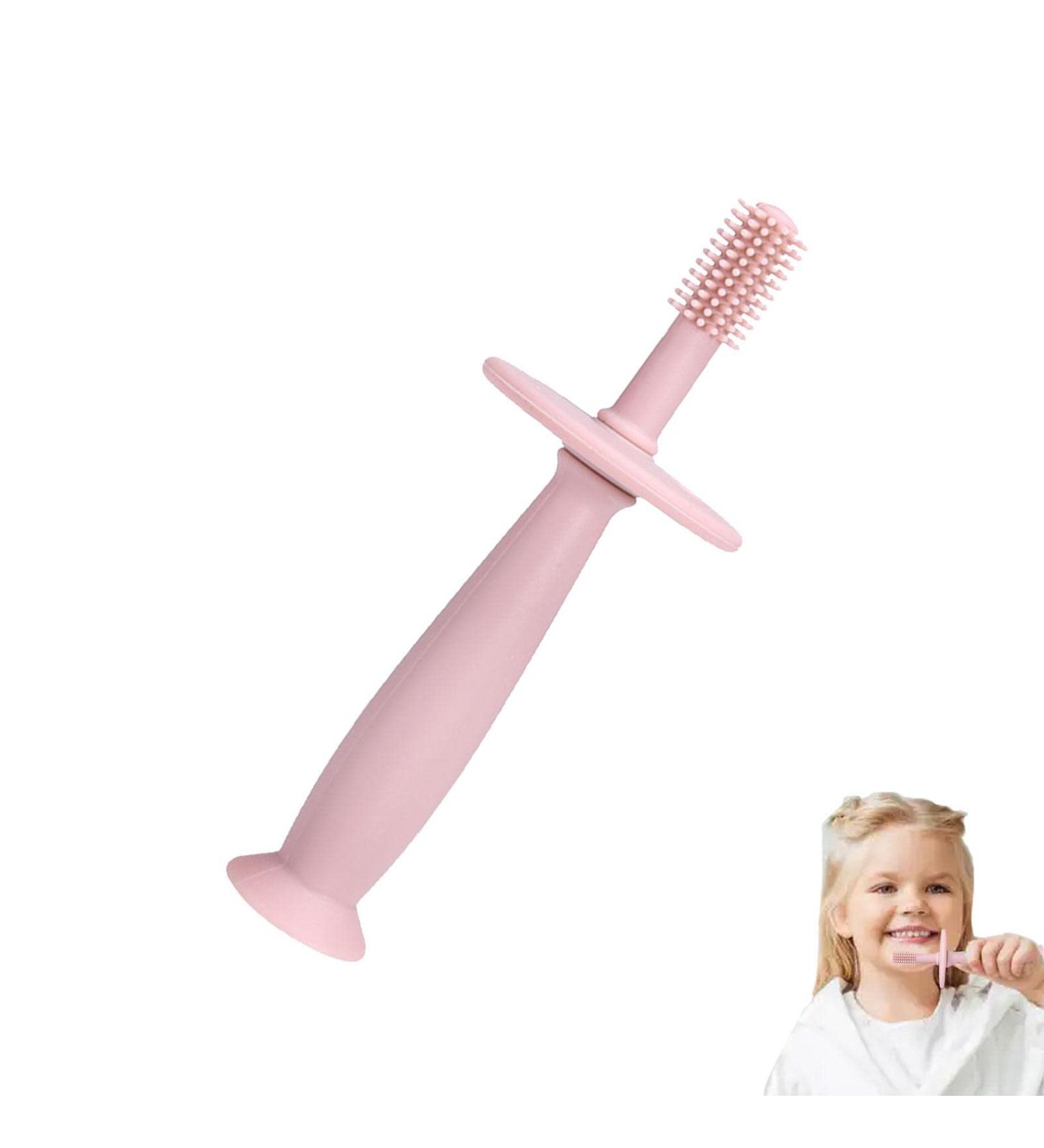 Training Toothbrush Infant 360 Baby Toothbrush with Suction Base Soft Food Grade Silicone Gum Massagers Teething Toys for 6-12 Months Newborn Infant Dtt Pink - Buy Online on GoSupps.com