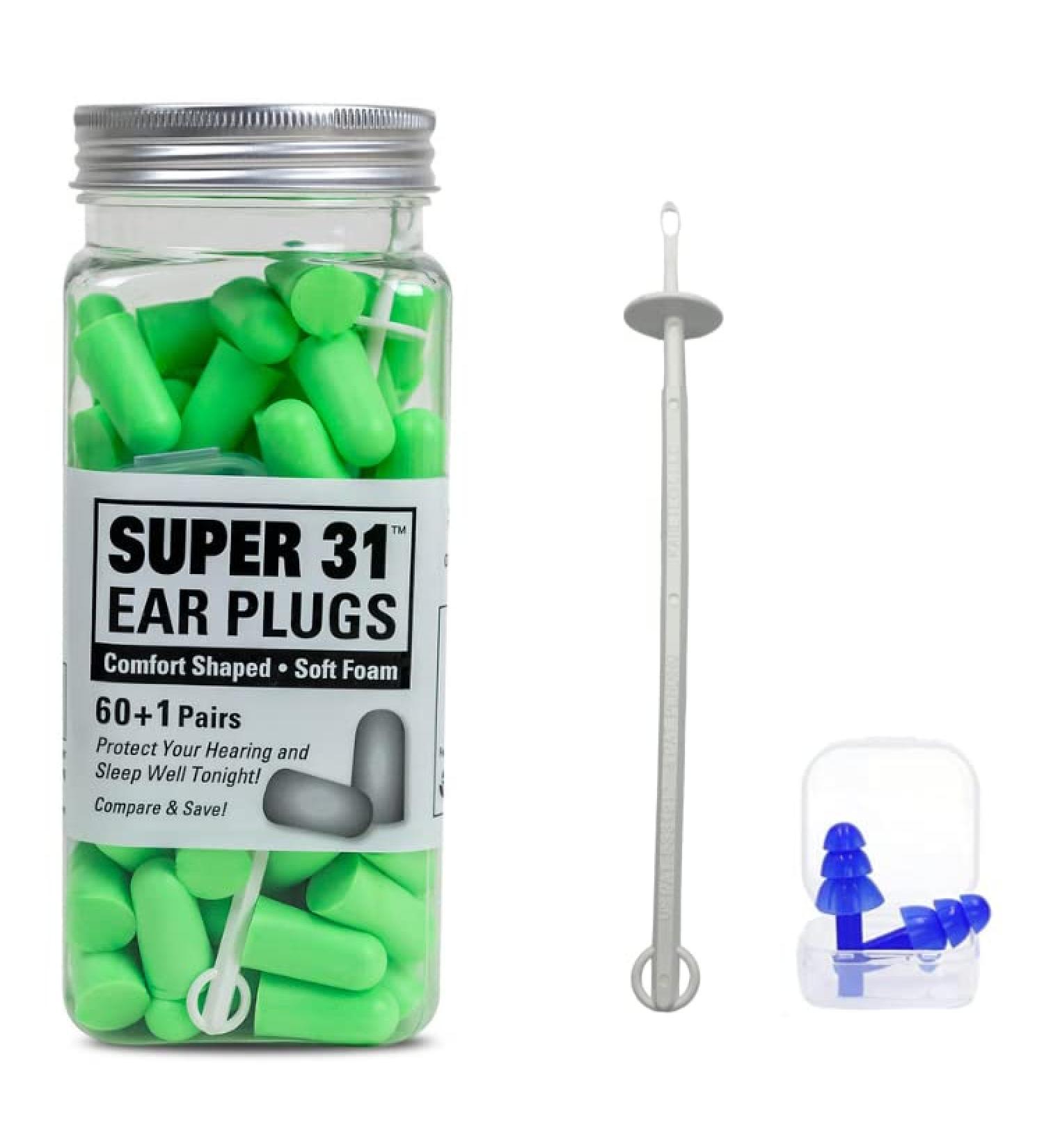 Super 31 Ultra Soft Foam Earplugs 60 Pair - 31 db Noise Reduction, Comfortable for Travel, Studying, Sleeping, Snoring, Concerts, Work, Construction - Green - Buy Online on GoSupps.com