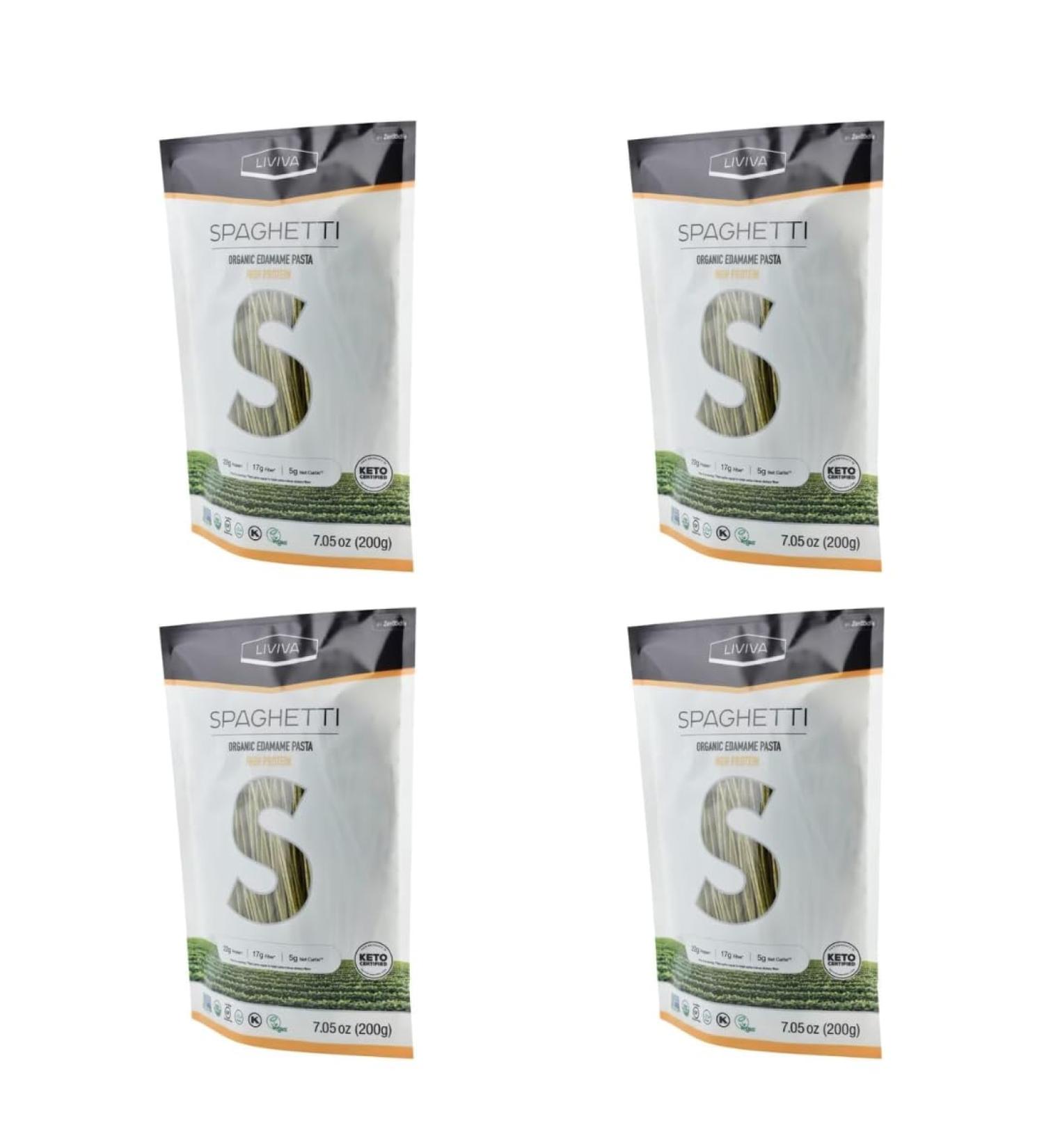 LIVIVA Organic Gluten Free Edamame Spaghetti Noodle Pasta (4 Pk) 88 g Protein Bag - Certified Plant-Based Non-GMO Kosher Halal Vegan Keto Nutritious Pasta Plant-Based Protein Ready-to-Eat in minutes - Buy Online on GoSupps.com