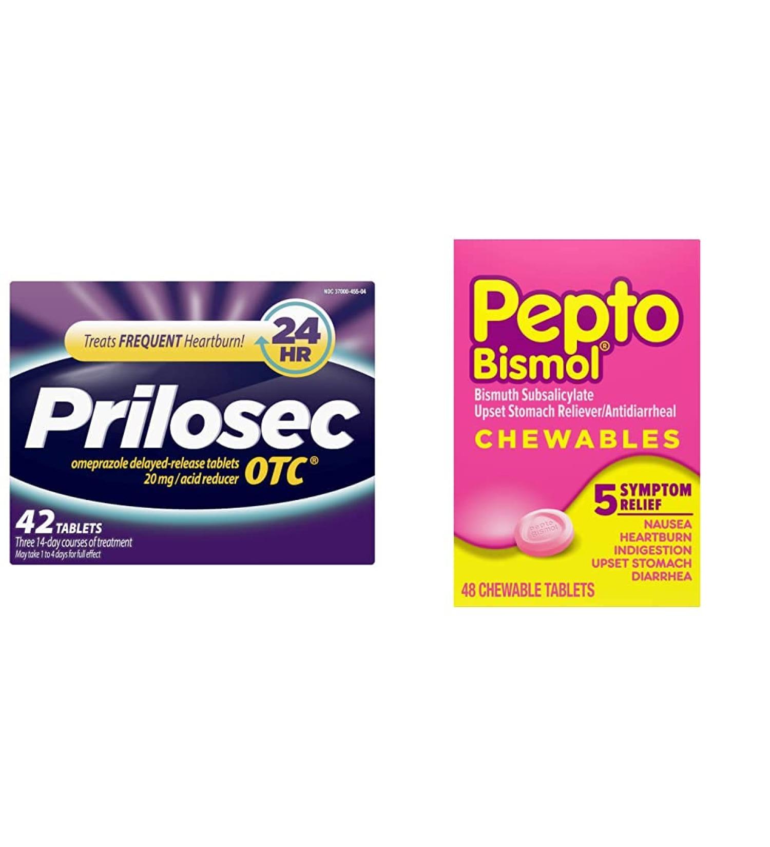 Prilosec OTC 42 Tablets + Pepto Bismol Chewables 48 Tablets - Heartburn and Upset Stomach Relief - Buy Online on GoSupps.com