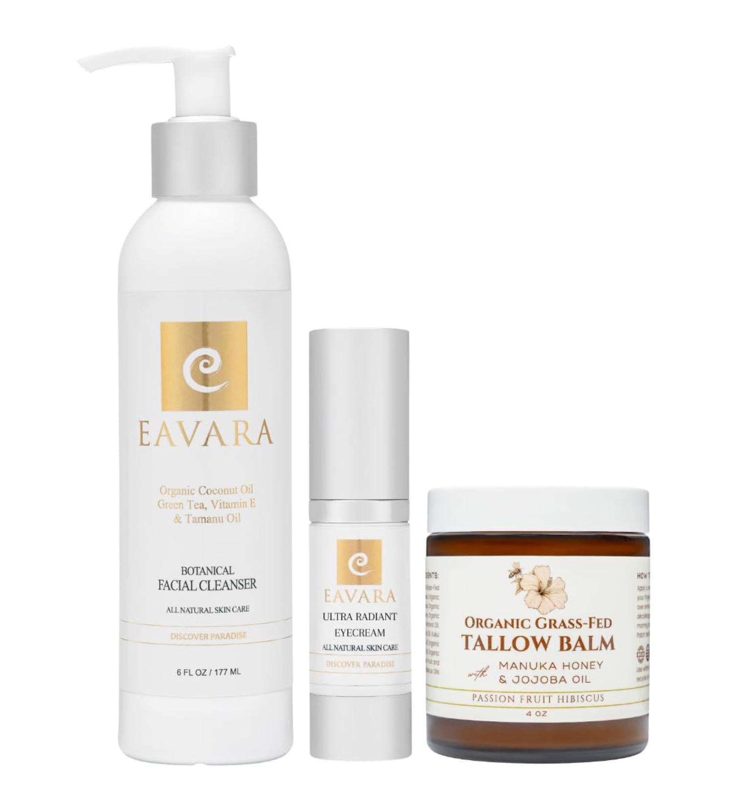 Eavara Cleanser Eye Cream and Tallow Balm for Skin Organic Skincare Trio with Activated Charcoal Coconut Oil Jojoba Oil Manuka Honey and Grass-Fed Tallow Gently Purifies & Soothes Under Eyes - Buy Online on GoSupps.com