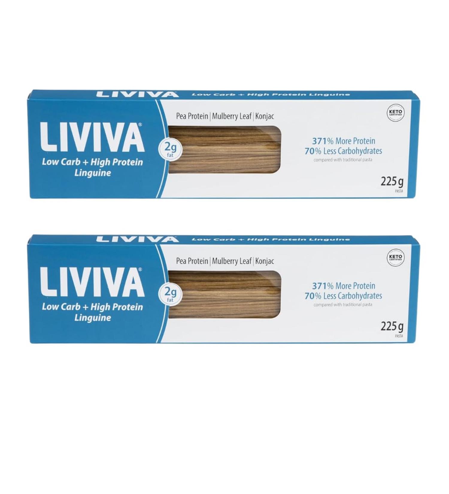 LIVIVA Low Carb High Protein KETO Linguine Pasta - 27g of Protein 8g Net Carbs Diabetic-Friendly - Made with Pea Protein Mulberry Leaf and Konjac (Pack of 2) Pack of 2 - Linguine 225g (Pack of 2) - Buy Online on GoSupps.com
