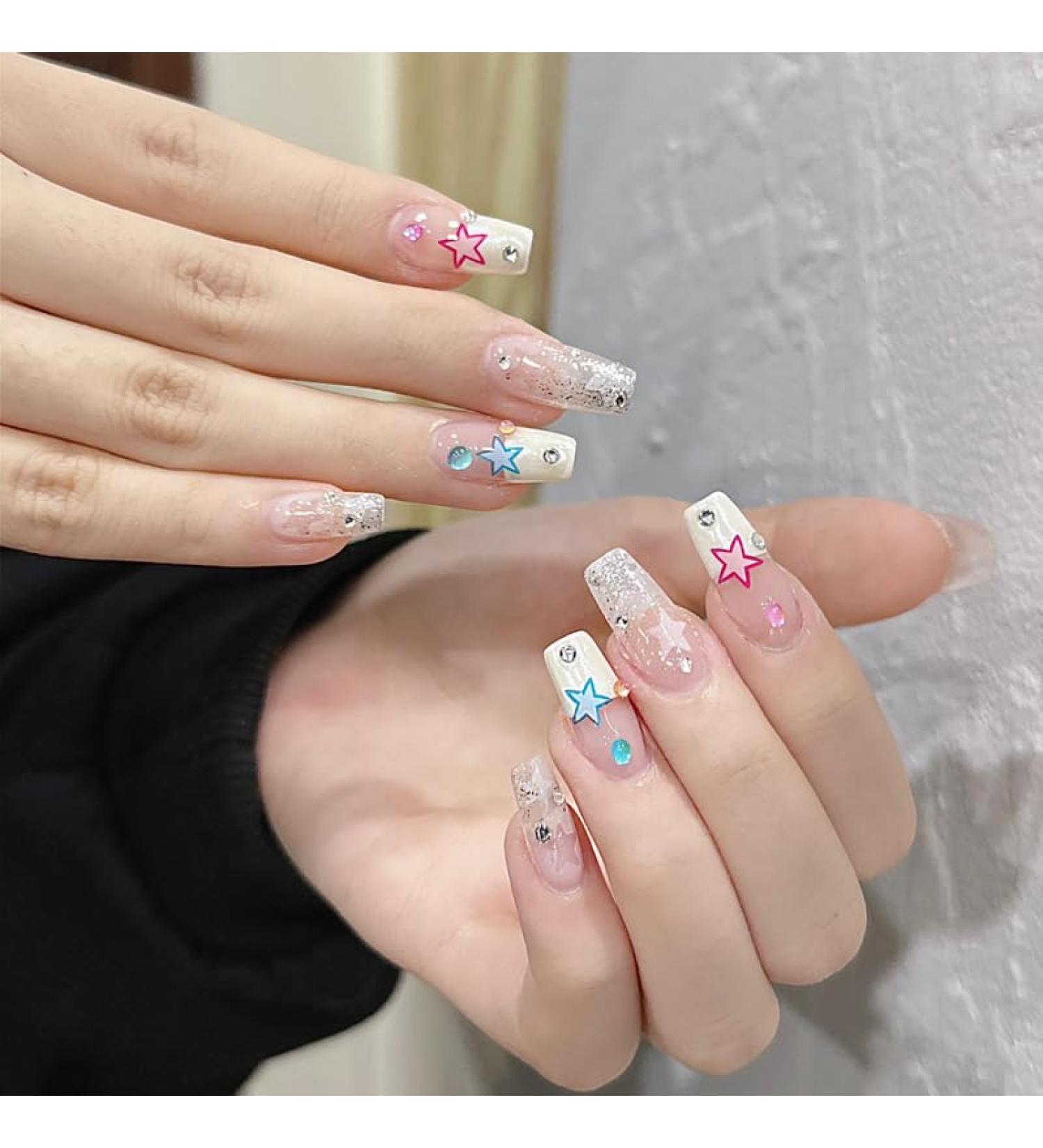 French Star Coffin False Nails - 24pcs Acrylic Stick on Nails with Glue Sticker - Buy Online on GoSupps.com