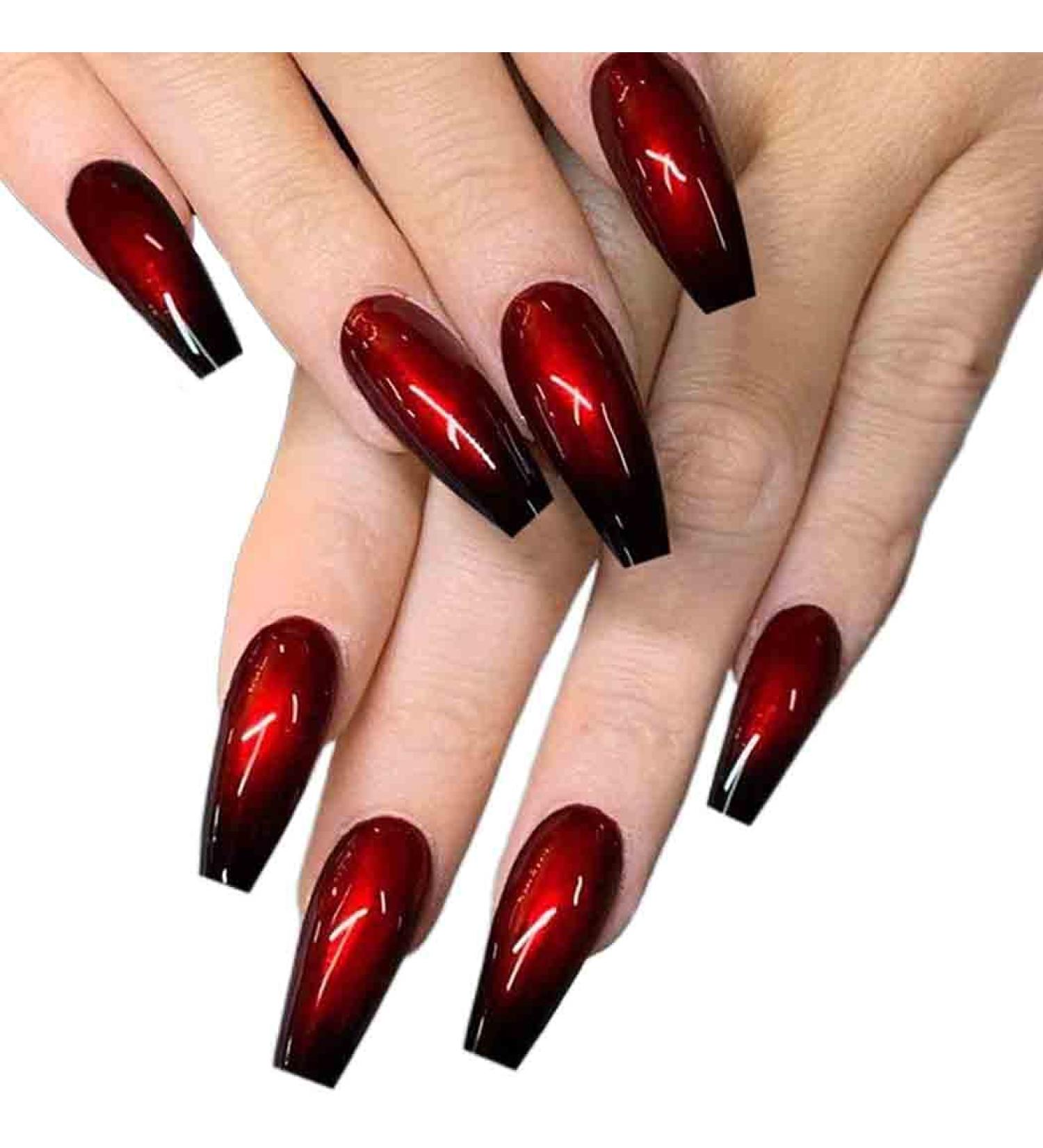 Outyua Halloween Red Black Press On Nails - Ombre Coffin Acrylic Designs for Women & Girls | 24Pcs Long Fake Nails - Buy Online on GoSupps.com
