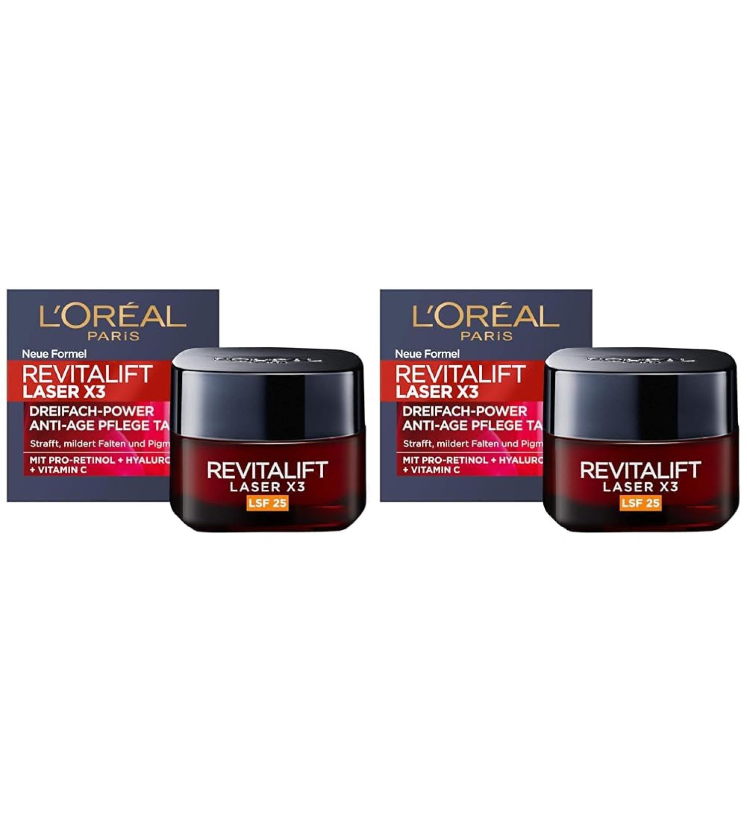 L'Or al Paris day care with LSF 25 firing and upholstery anti-aging facial care with 3-fold effect with hyaluronic acid vitamin C and pro-retinol Revitalift Laser X3 50 ml day care LSF 25 50 ml (2 Pack)