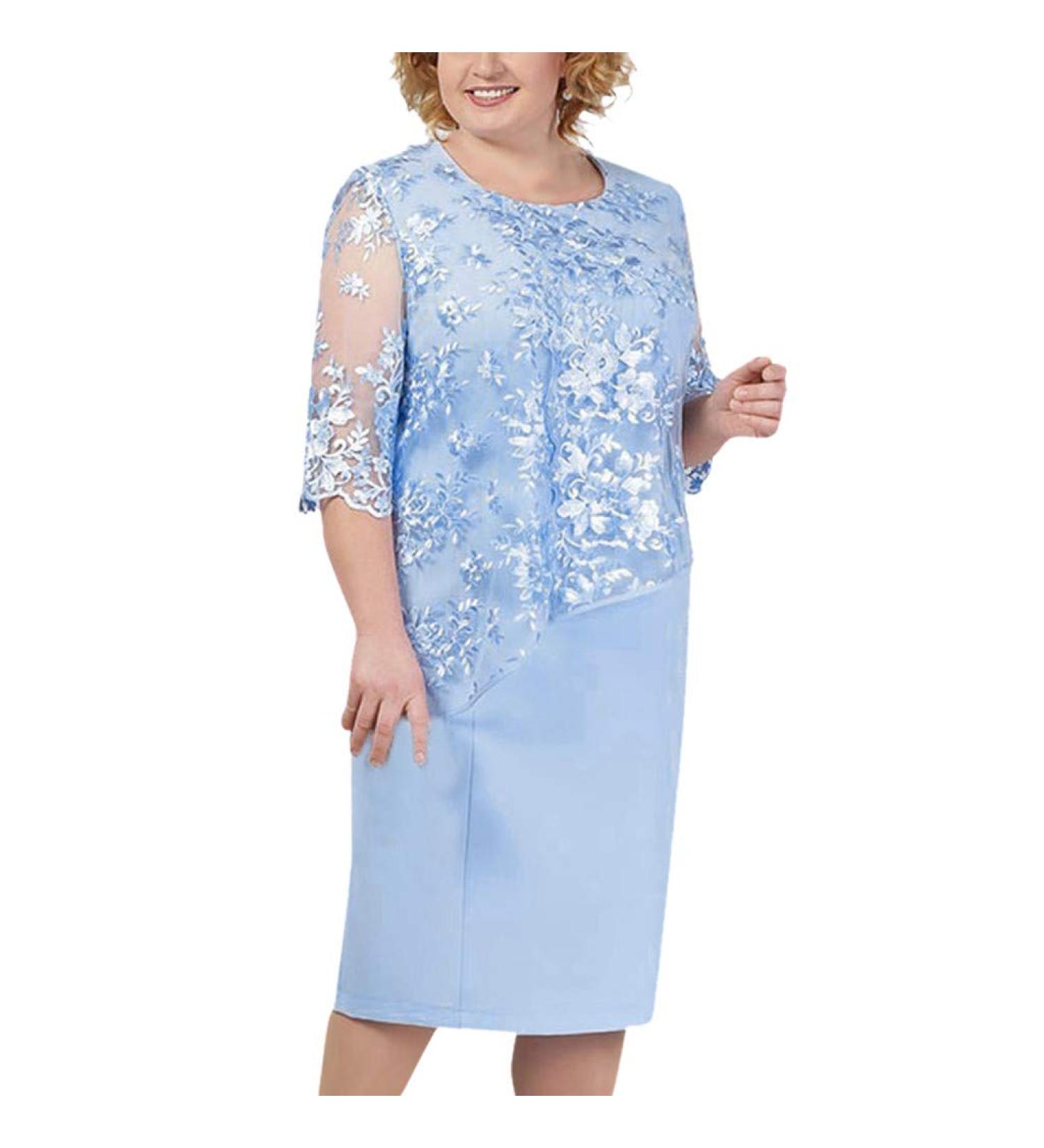 Women's Plus Size Floral Lace Sheath Dress - XXL Blue-1 | Knee Length Work Casual Party Cocktail Dress - Buy Online on GoSupps.com