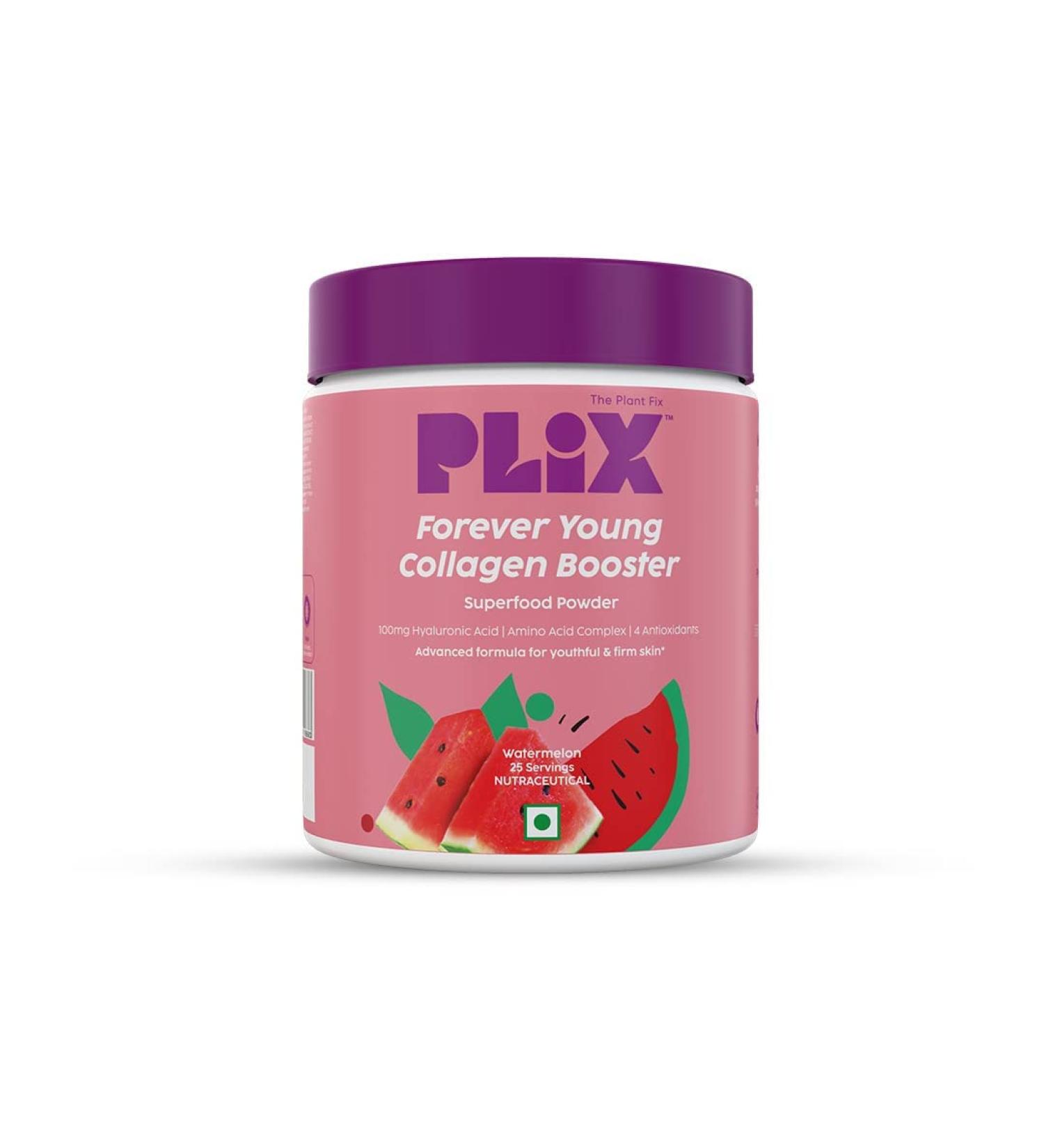 PL'IX Collagen Supplement Powder to support Skin Elasticity Firmness & Youthful Glow | 100% Plant-based with Hyaluronic Acid & Vitamin C | For Women & Men | Watermelon Flavour Pack of 1 - Buy Online on GoSupps.com