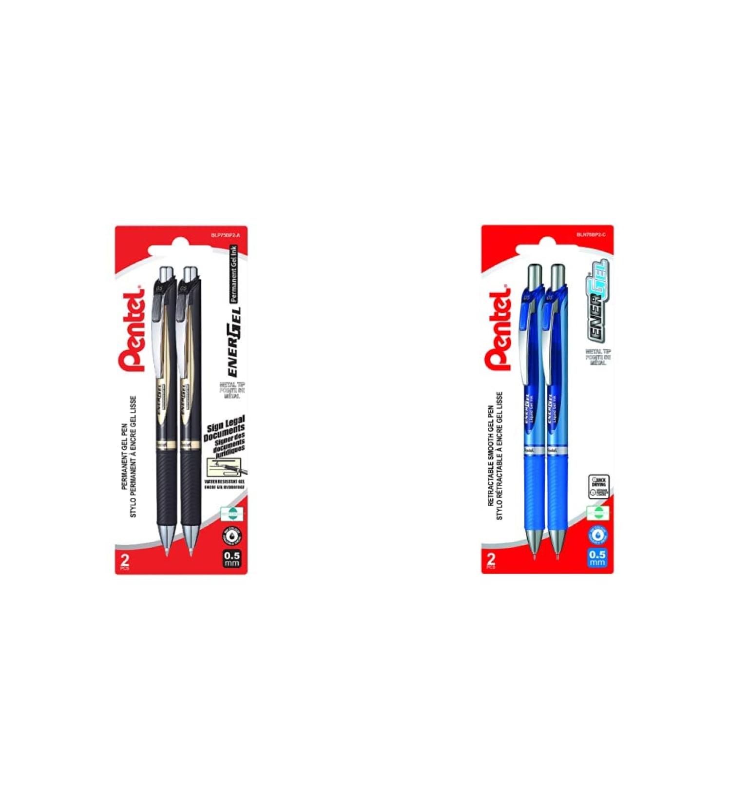 Pentel EnerGel Retractable Liquid Gel Rollerball Pens (0.5mm Fine Point) - 2 Black Ink | 2 Blue Ink