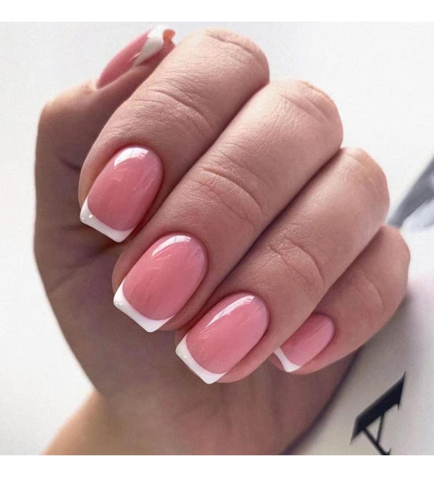Pink French False Acrylic Stick on Nails - 24pcs Short Square Press On Nails with Elegant White Tips Design for Women and Girls - Buy Online on GoSupps.com
