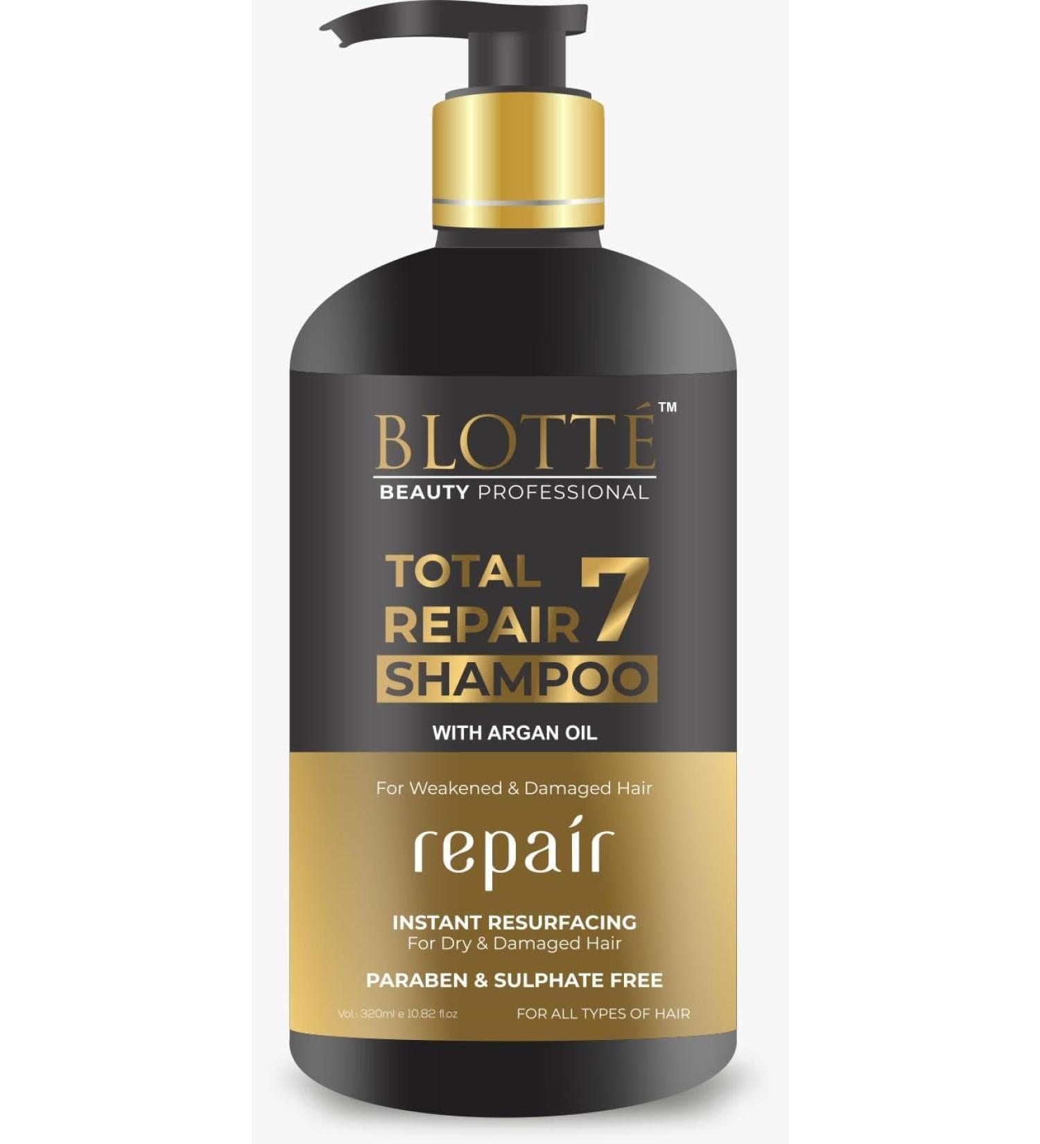 BLOTT Total Repair 7 Shampoo - With Argan Oil For Weakened & Damaged Hair. Instant Resurfacing For Dry & Damaged Hair Paraben & Sulphate Free (320 Ml) 320 ml (Pack of 1)