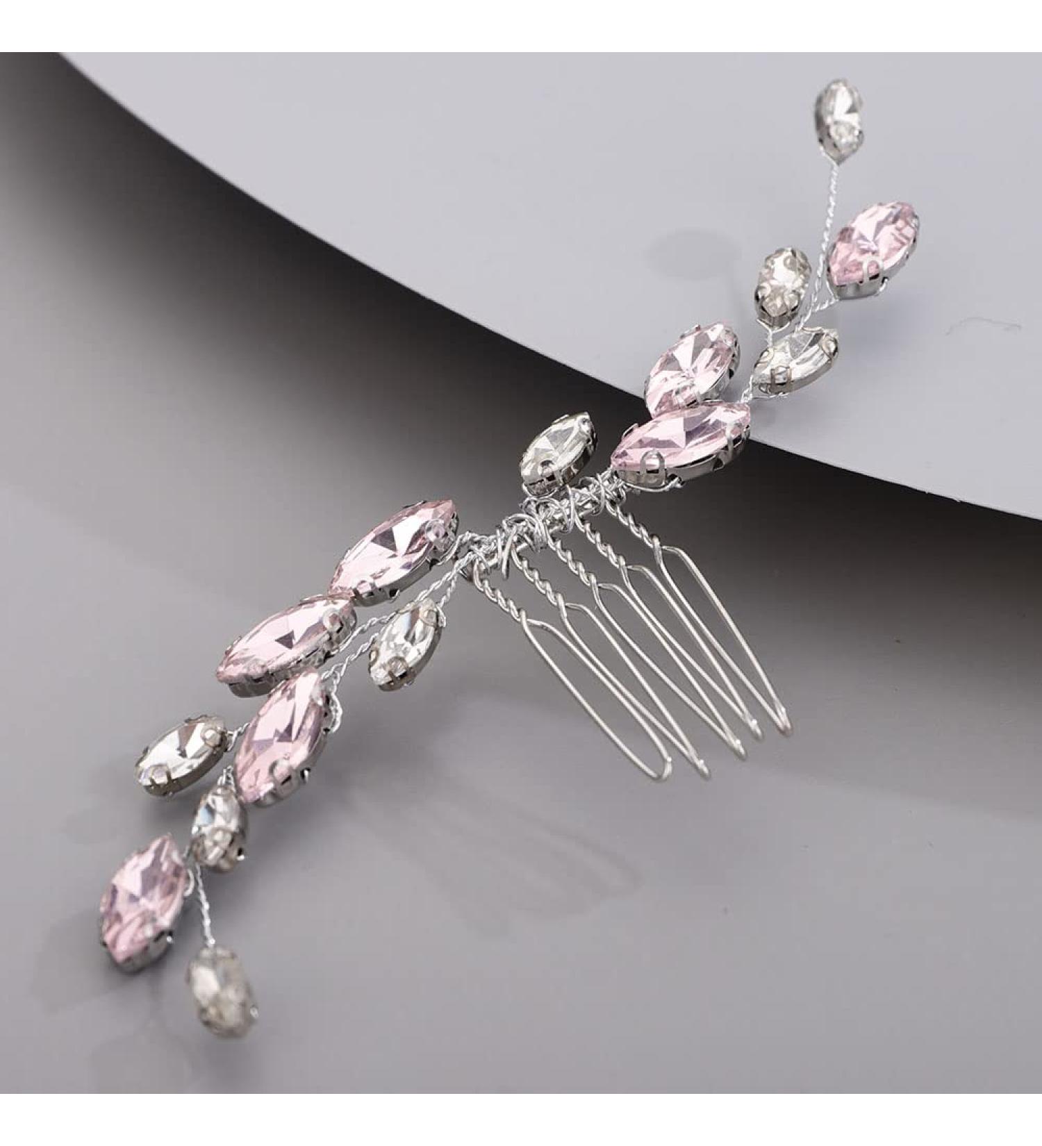 Chargances Bridal Rhinestone Hair Comb Wedding Pink Crystal Hair Vine Comb Vintage Handmade Hair Accessories for Bridesmaid Prom Flower Girls (Pink) - Buy Online on GoSupps.com