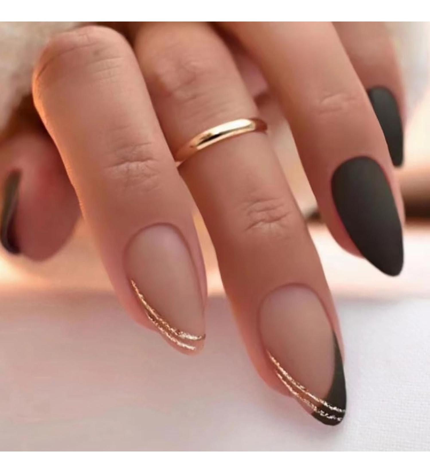 Matte Black Press on Nails - Short Medium French Tip with Gold Line Design | Acrylic Gel Stick On Nails for Weddings & Birthdays | LPP687 - Buy Online on GoSupps.com