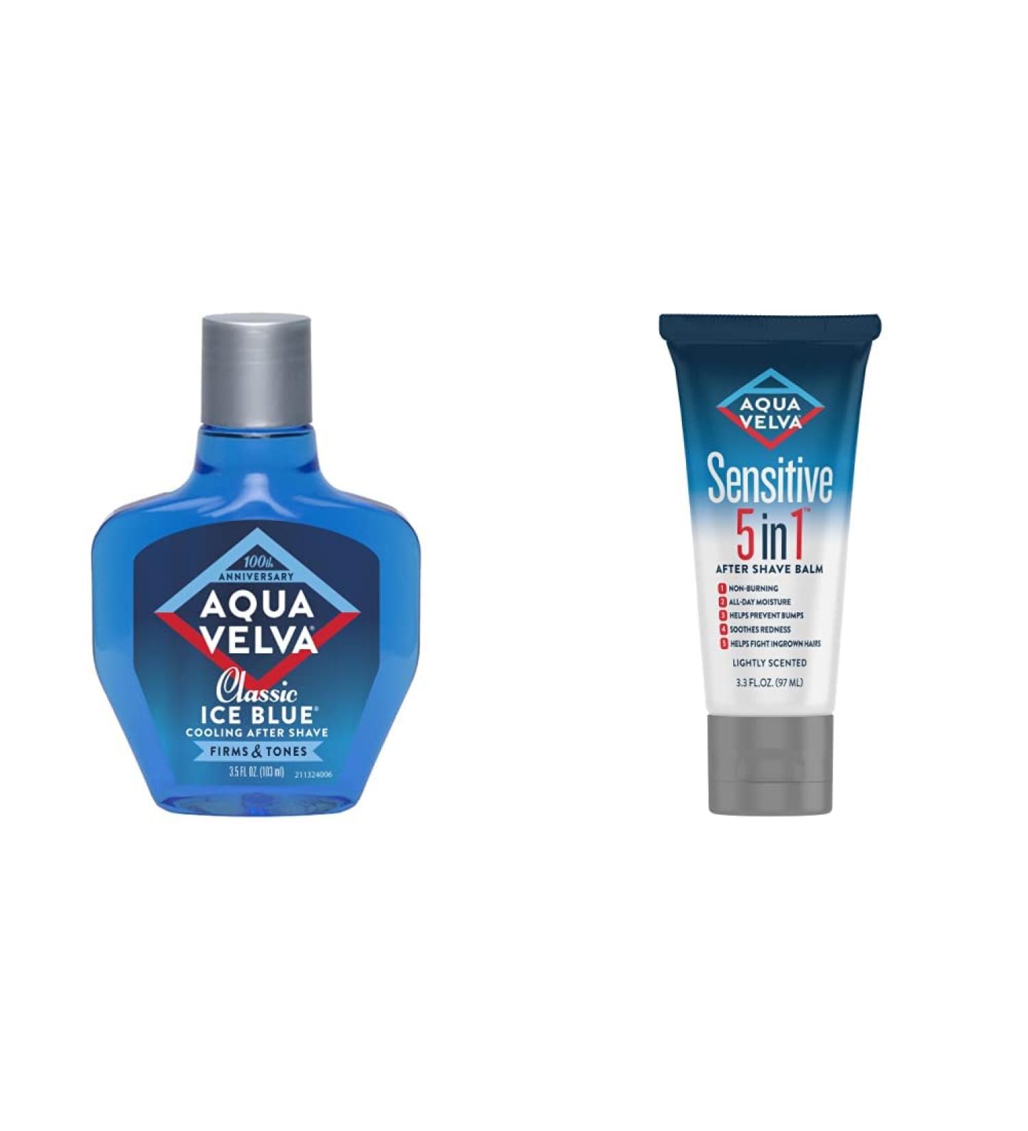 Aqua Velva After Shave Bundle, 5 in 1 Sensitive After Shave Balm for Men, Facial Moisturizer, 3.3 oz + Classic Ice Blue After Shave, 3.5 oz