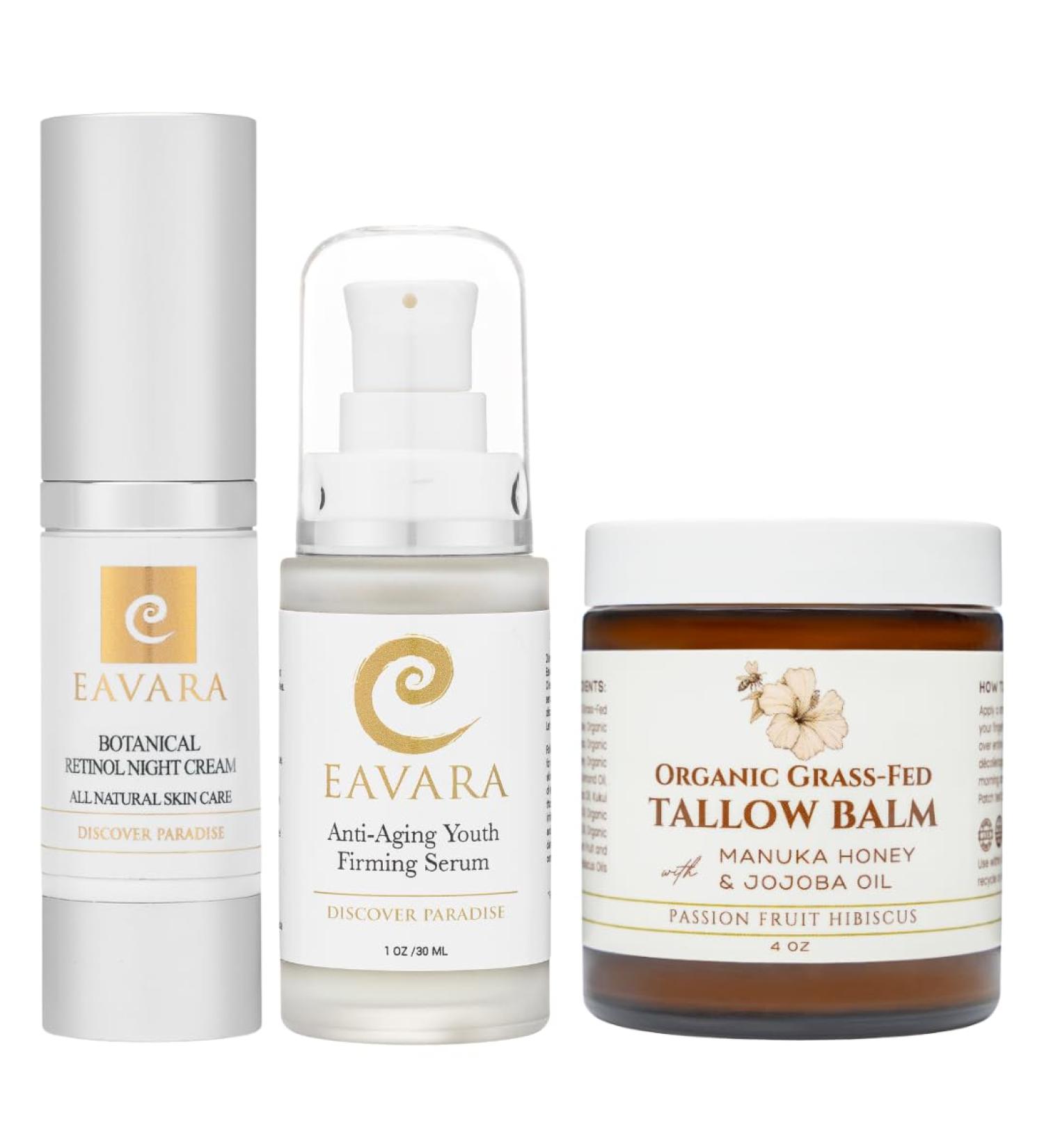 Eavara Night Cream Facial Serum & Tallow Moisturizer Set Organic Skincare Trio with Grass-Fed Tallow Retinol Hyaluronic Acid and Vitamin C Smooths Nourishes Supports Sensitive & Dry Skin - Buy Online on GoSupps.com