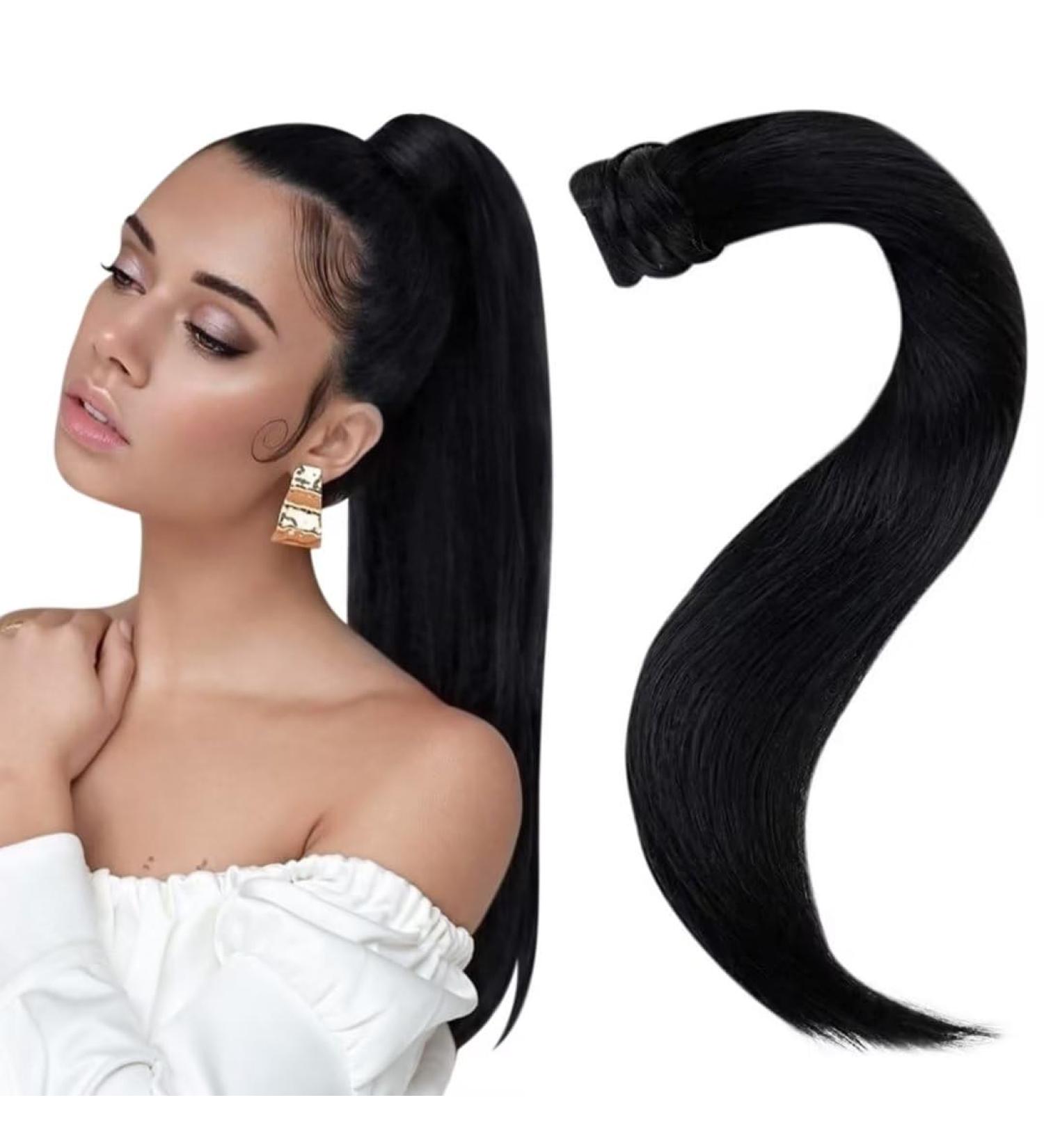 Easyouth Jet Black Human Hair Ponytail Extension 16 Inch 80g - Clip In, Soft & Thick Wrap Around Ponytail - Buy Online on GoSupps.com