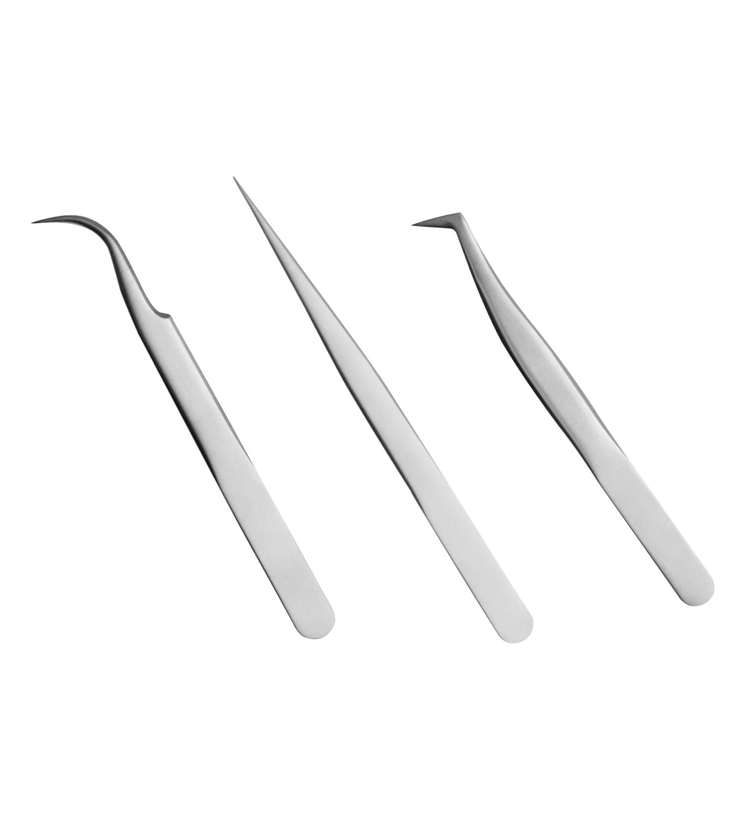 Quewel Eyelash Extension Tweezers Set - Curved and Straight Stainless Steel Precision Tweezers, Lash Applicator Tool for Extension Supplies - Matte Silver (3 pcs) - Buy Online on GoSupps.com